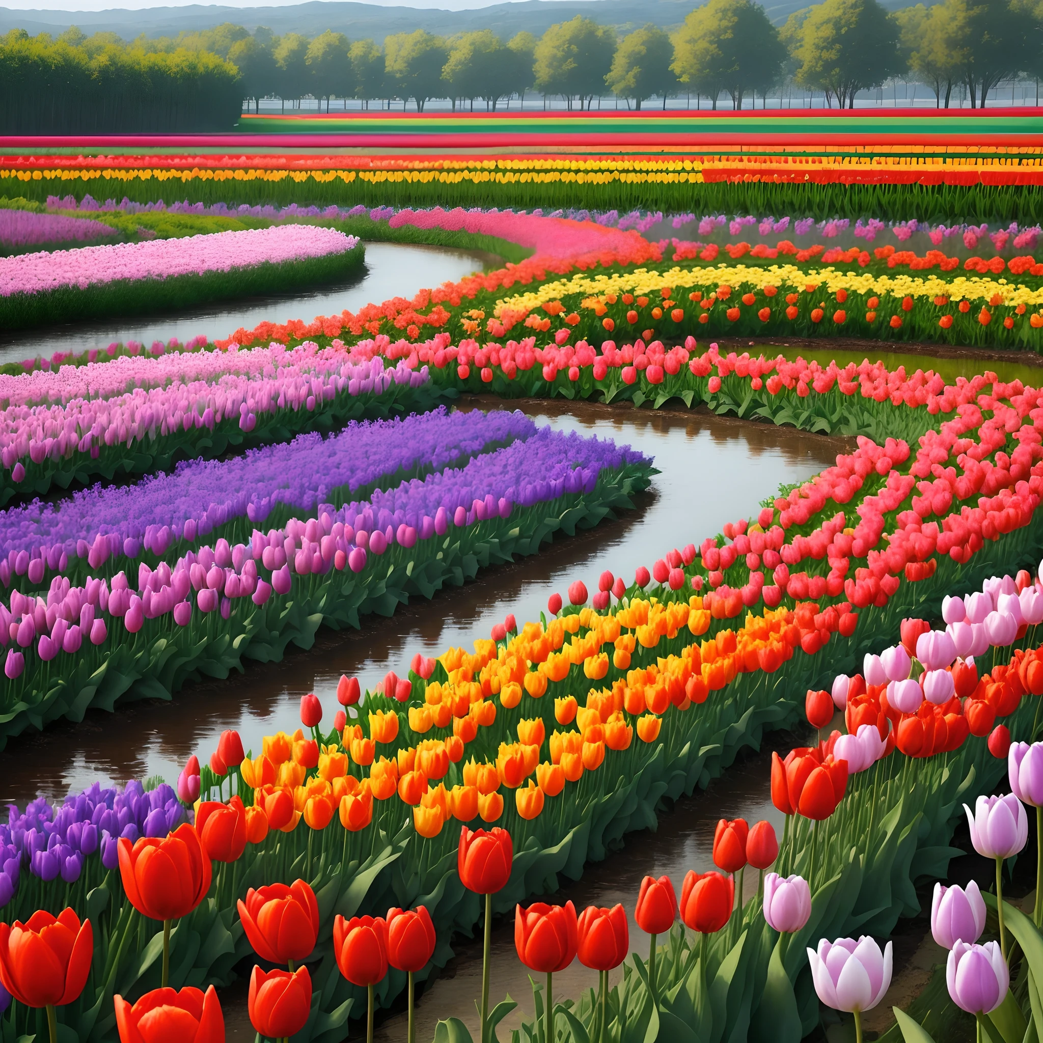 A purple tulip flower garden inside lake