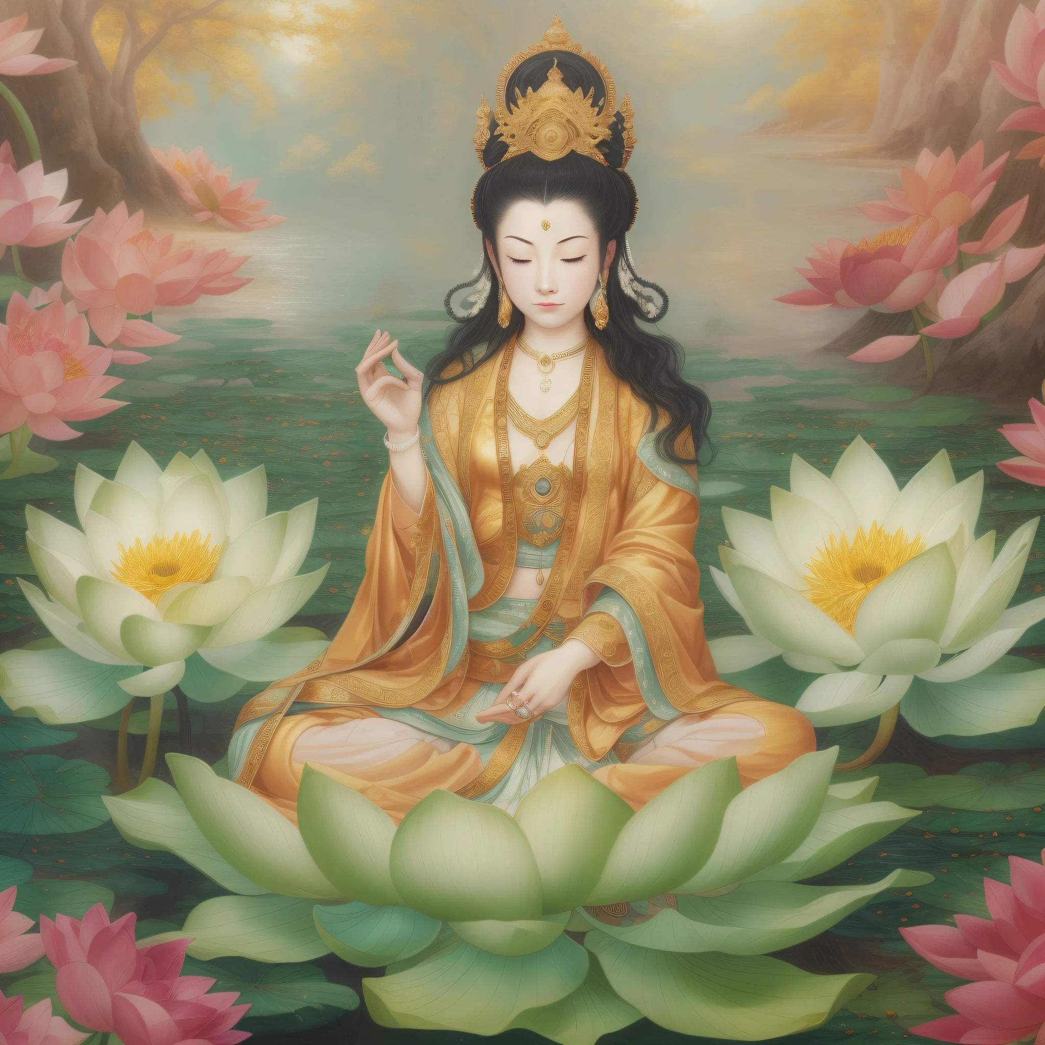 Close-up of a painting of a person sitting on a lotus, Bodhisattvas, goddess of love and peace, guanyin, Satisfied female bodhisattva, guanyin of the southern seas, inspired by Tani Bunchō, patron saint of 🛸🌈👩🏾, Tanka, God Leasha Hannigan、masterpiece、Beautiful fece、real,32k