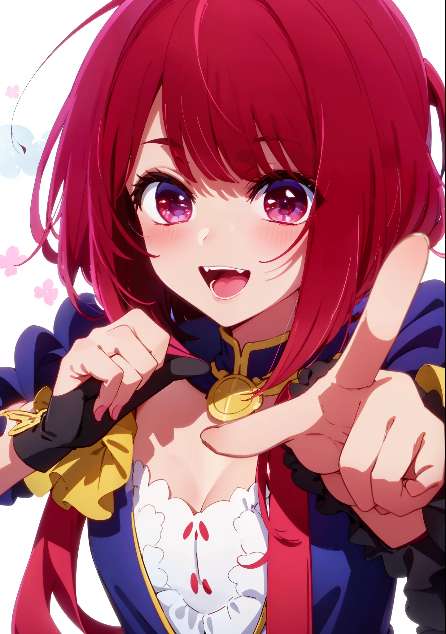 ​masterpiece、ighly detailed、(1 girl in:1.2)、Red hair、big eye、a closeup、A smile、8K、short-hair、animesque、Shining eyes、(((Red Idol Costume))), ((Red dress)), (((Pink gloves))), dance, sings, brilliance, on a stage,Black hair ornament, stage, A light, striated hair, radiant eyes, medium breasts⁩, gloves, Sing with your mouth open, Bottom Black Skirt