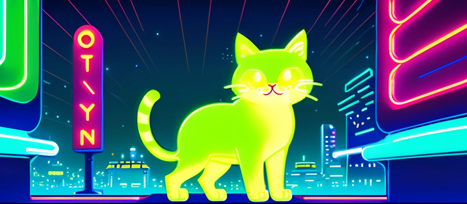 a cute cat standing in front of a neon illuminated wall of text, city, zoom out, concept art, by Emiliano Ponzi, by Chris Ware, science fiction, ((8k, high resolution, ultra detailed, masterpiece)), ((sharp lines)), neon frame