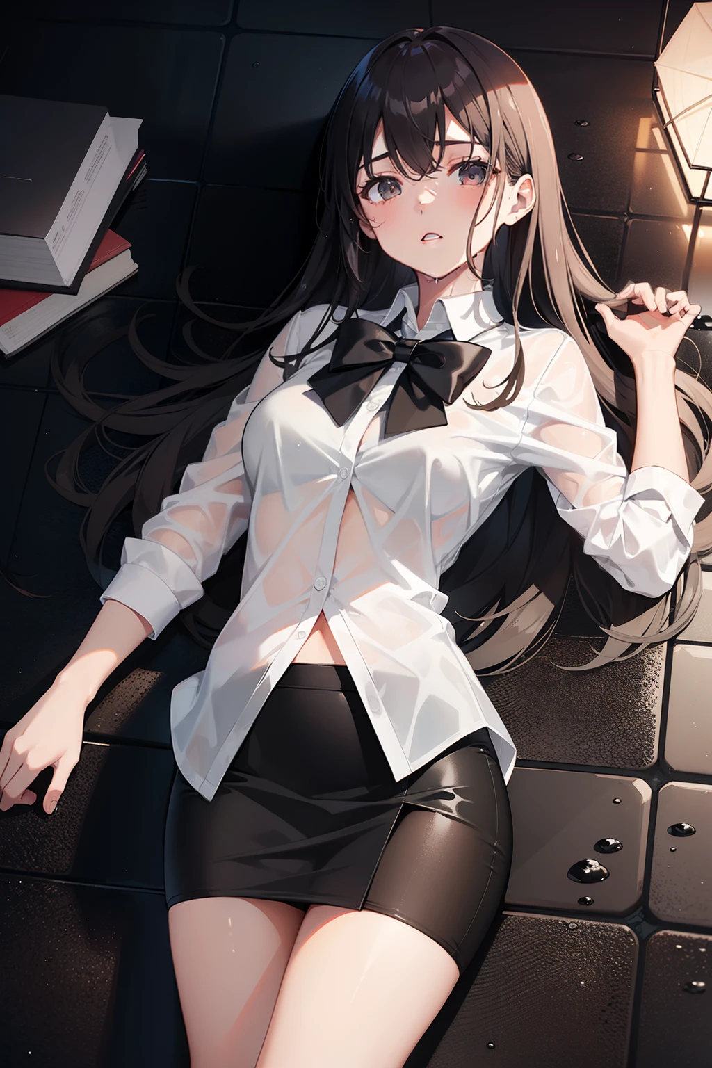 sunset, rain, 1 girl, plain white shirt, black stockings, short black pencil skirt, half body model, elegant, beautiful, wet, lying on floor