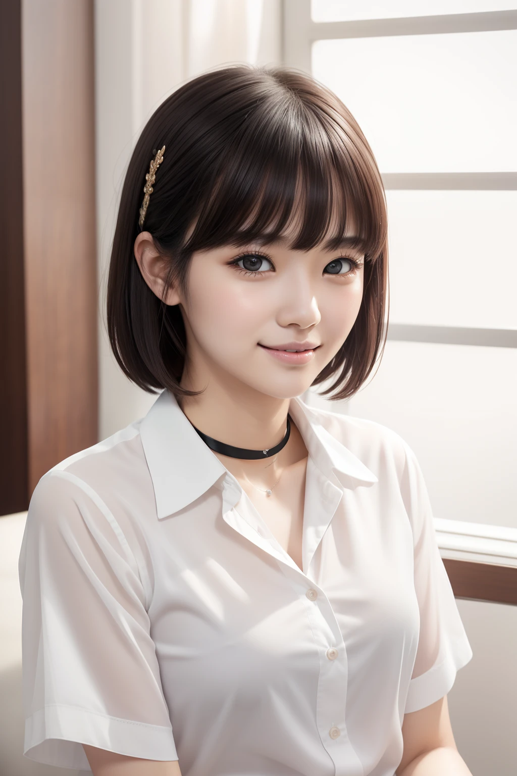 (8K、highest quality、Master peace、:1.2)、(Wet:1.1),Splash pose、(hentail realism、pfotorealistic:1.37)、Super detailed、1 rapariga、A pretty、Solo、、、、Sitting、tool、(blush of nose)、 (ssmile:1.15)、(Closed mouth)、gaze staring at the camera、Chest staring at camera、Fine and beautiful eyes、Large, Round eyes、Distinct double eyelids、eyeslashes、(Collared shirt:1.1)、Wet、Transaction service、(short detailed hair:1.2)、Float NovaFrogStyle、bangs、bangs、Long neck、Long neck、Happy smile、closing the mouth、Clean face、realistic skin type、Real texture、untied、Light pink lips、Really nothing background、Really pure white background、28 year old、High school student、No shadows on the face,Natural soft light、The upper lip is not thick,Different costumes,wearing a choker