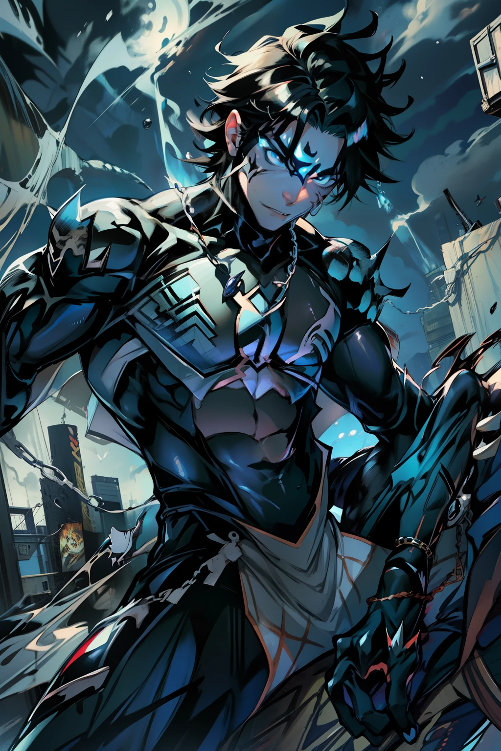 《the original god》Arataki Kazuto , male people, chest muscle, Sexy , Venom symbiote for your body, Black mucus of the body , into venom, venomize,Black bodysuit,(Cloak),Red cape,Abs,(Adult male)((Venom possession,venom symbiote)),over-Tortoise Man,Battle damage,((Masterpiece)), ((Best quality)), Ultra detailed,((illustration)), Dynamic Angle, Detailed light, (Delicate eyes), Floating, 1boy, Male focus, Head, Clothing, Yellow eyes, necklace, tattoo, (Forehead:0.8), (ahoge:0.8), jewelry, brunette color hair,apathy,Ray, chest muscle, Sexy , Venom symbiote for your body, Black mucus of the body , (into venom), Venom,frontage,Bust photo,White tight-fitting top,spiderman outfit,style of anime4 K, 4K anime wallpaper, Badass anime 8 K, 4 k comic wallpaper, young anime man, Anime boys, Anime wallpapers 4 k, Anime wallpaper 4K, High quality anime art style, Anime moe art style, Anime art wallpaper 8 K, Anime art wallpaper 4 K, RGB lighting,