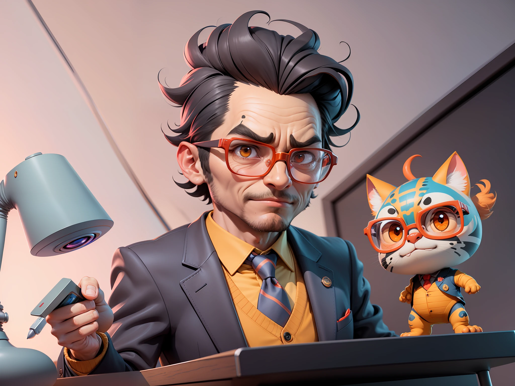 A young man in a suit, Short hair and glasses sat at his desk,holding laptop,digitial painting,tigre,3D character design by Mark Clairen and Pixar and Hayao Miyazaki and Akira Toriyama,4K HD illustration,Very detailed facial features and cartoon-style visuals。