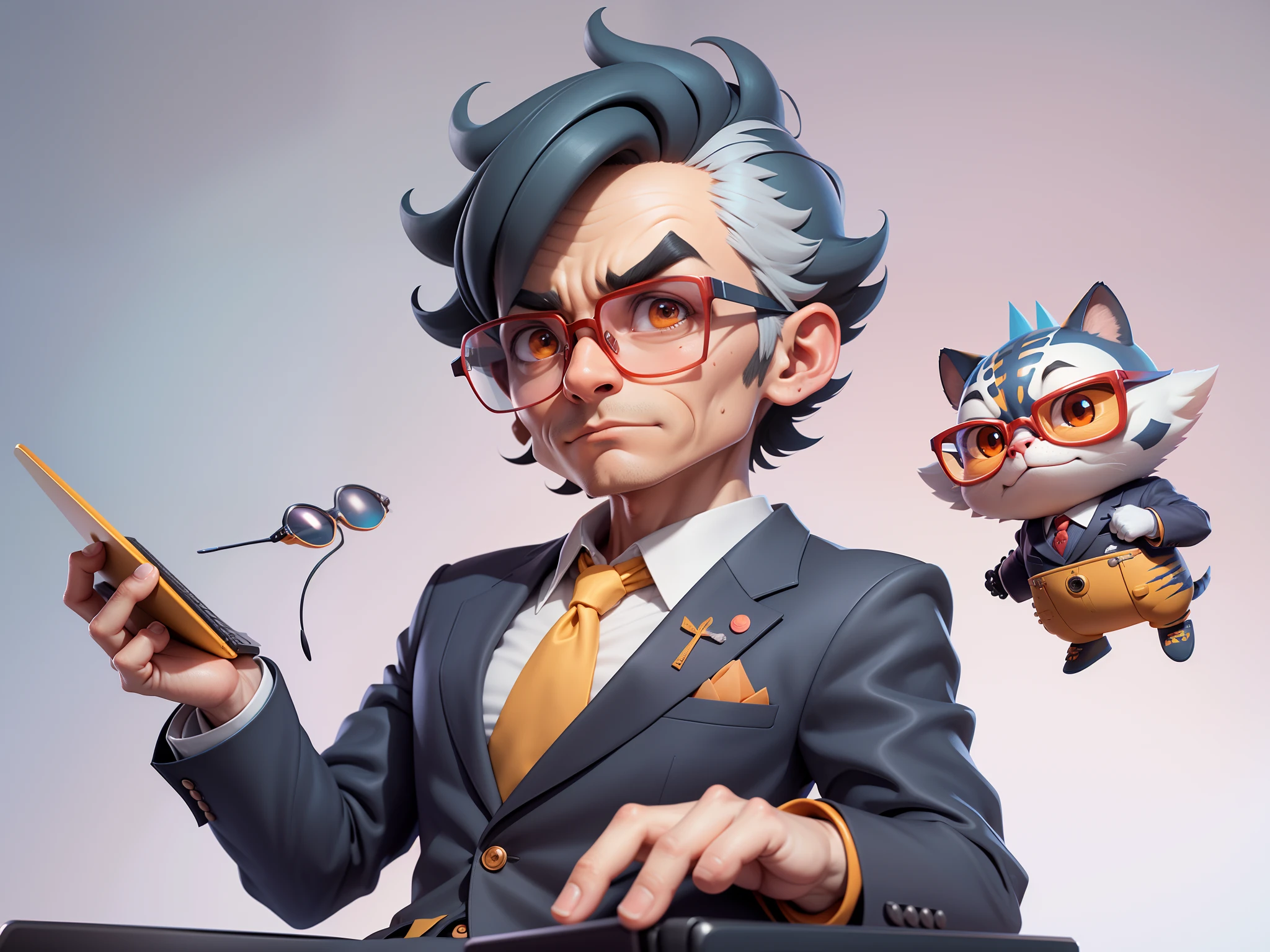 A young man in a suit, Short hair and glasses sat at his desk，holding laptop，digitial painting，tigre，3D character design by Mark Clairen and Pixar and Hayao Miyazaki and Akira Toriyama，4K HD illustration，Very detailed facial features and cartoon-style visuals。