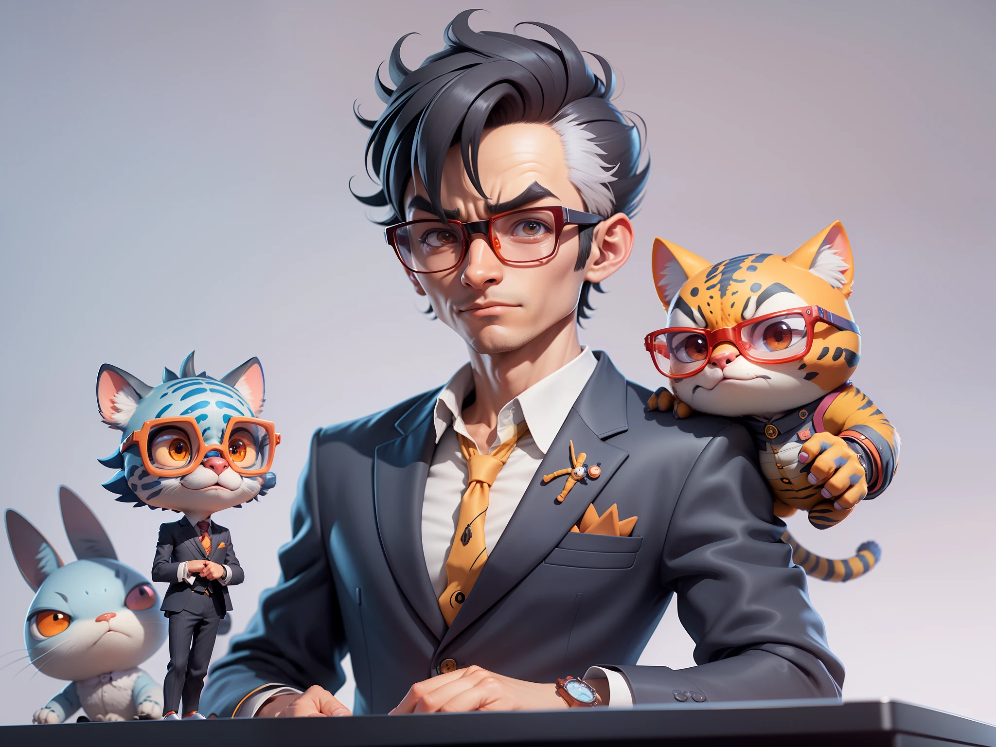 A young man in a suit, Short hair and glasses sat at his desk，holding laptop，digitial painting，tigre，3D character design by Mark Clairen and Pixar and Hayao Miyazaki and Akira Toriyama，4K HD illustration，Very detailed facial features and cartoon-style visuals。