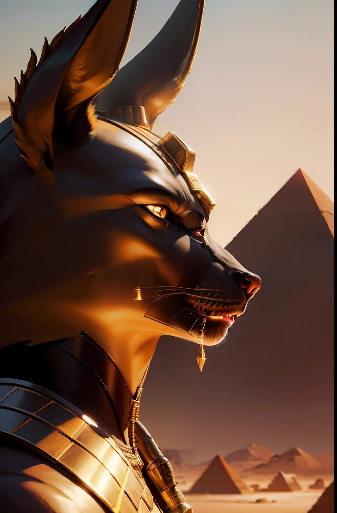 face close-up,furious egyptian god anubis, gold hour, in the desert, with the pyramids in the background, photographic, realistic, cinematic, 8k