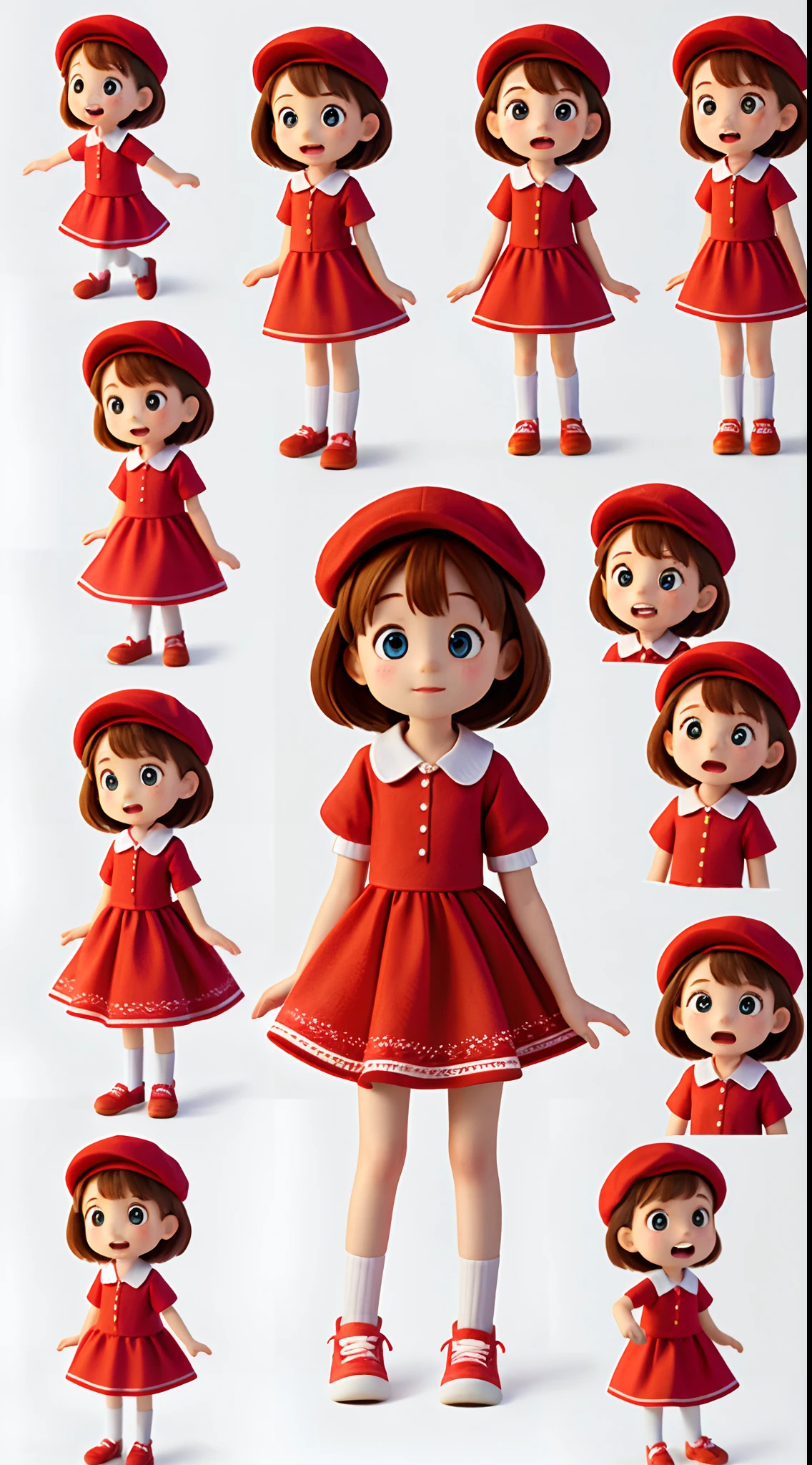 Little girl character, multiple postures and expressions, 9 years old, Red cap, Red dress, Red clothes, children book, Illustration style, full body