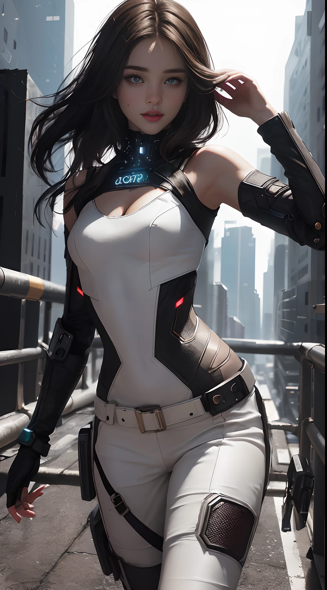(Cate: female cyberpunk, 24 YO, Similar to Miranda Kerr & A perfect face & White cyberpunk dress & Full armor with pants & Ultra detailed hazel eyes & Tall & Slender & Pale skin & Dark brown hair cascading down to your shoulders & Small bust & hourglass figure, perfect hand)),| She Is Running On The Rooftops, Dynamic Poses, Background Futuristic Night City,|