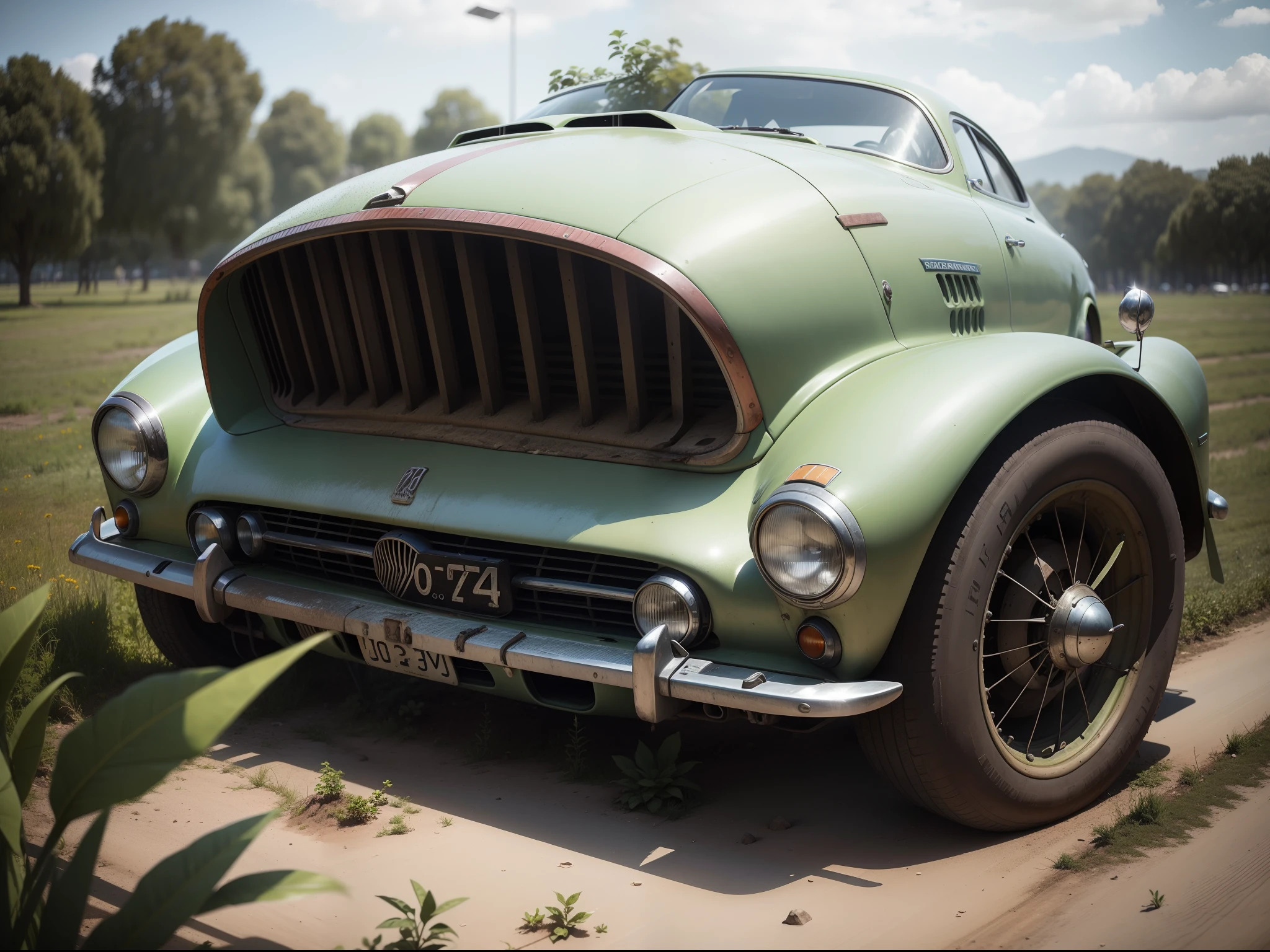 Coche deportivo futurista abandonado y lleno de oxido, le faltan piezas, en una pradera, le crecen las plantas por encima, hay musgo y setas