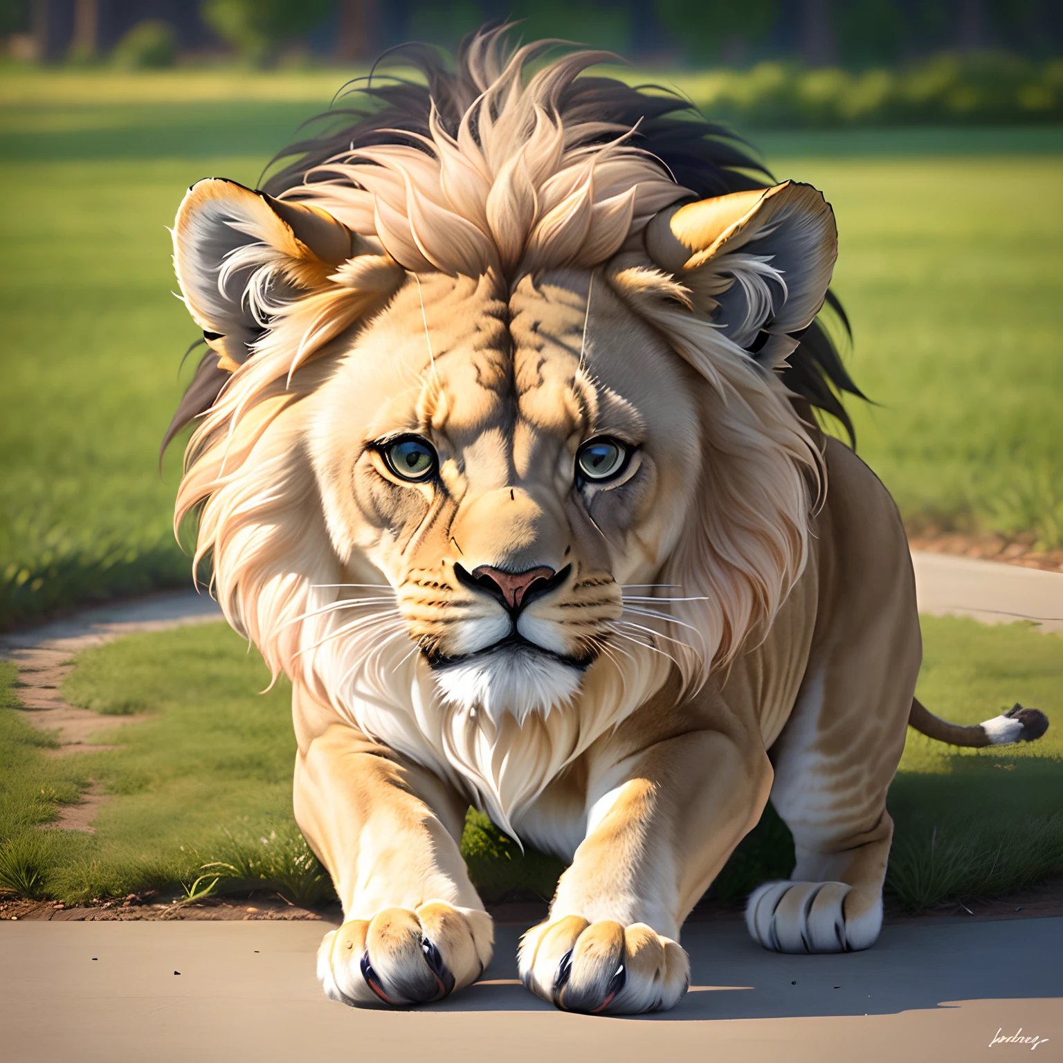 Fluffy lion, cute, little, outside, realistic, someone’s pet
