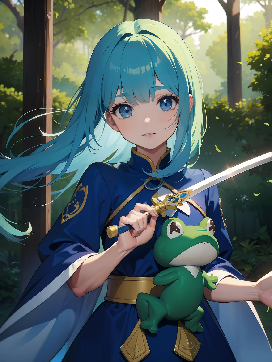 3CGthe wind、Frog Brave、holding swords、Beautiful images、hight resolution、Masterpiece、Beautiful Blue Forest、Background with