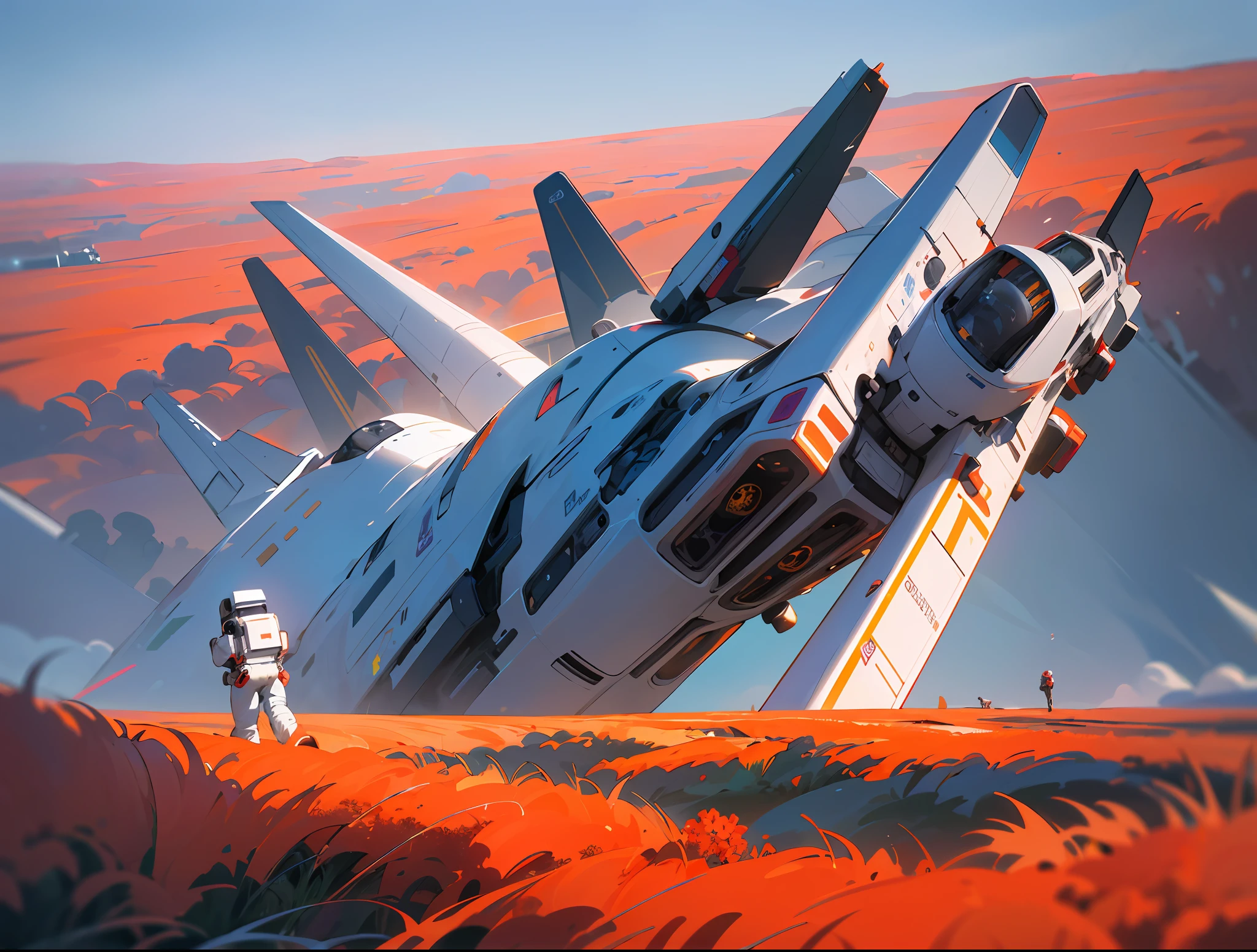 8k, Foto RAW, melhor qualidade, Matte Painting masterpiece based on Albert Withlock of an astronaut walking in the foreground seen from above the image in ultra high resolution, ultra-detalhado, illustration, Close-up no reflexo do visor do capacete do astronauta, Astonauta, walks on a busy street in a futuristic and ultra-realistic city and with hanging gardens on a sunny day and blue sky with white clouds in 3D, futuro, imaginando, metropolis, somente plano de fundo, Pintura realista fosca, Add in the futuristic city designed based on artist Syd Mead's matte paint to the landscape background with space car movements People walk towards the field of red flowers and talk watching the astronaut fly over the hill of red flowers