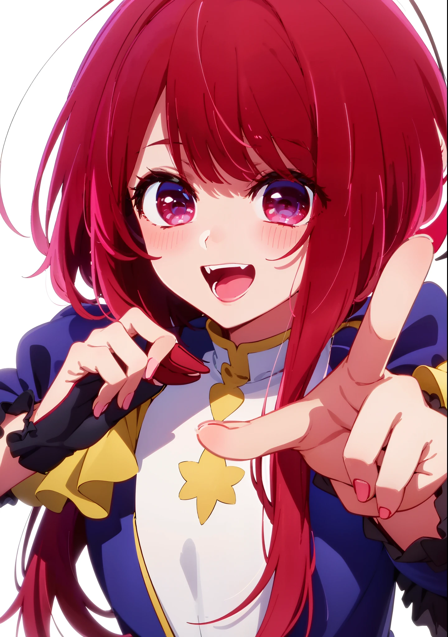 masterpiece、ighly detailed、(1 girl in:1.2)、Red hair、big eye、a closeup、A smile、8K、short-hair、animesque、Shining eyes、(((Red Idol Costume))), ((Red dress)), (((Pink gloves))), dance, sings, brilliance, on a stage,Black hair ornament, stage, A light, striated hair, radiant eyes, medium breasts, gloves, Sing with your mouth open, Bottom Black Skirt