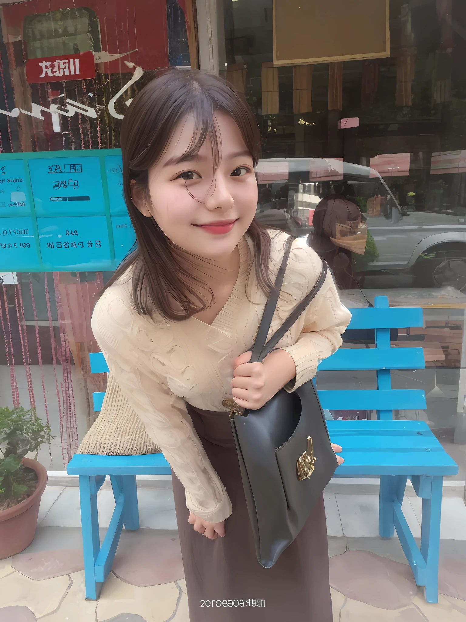 A cute girl holding a bag, evening sun shining on her, realistic, lookalike, look alike, dimple