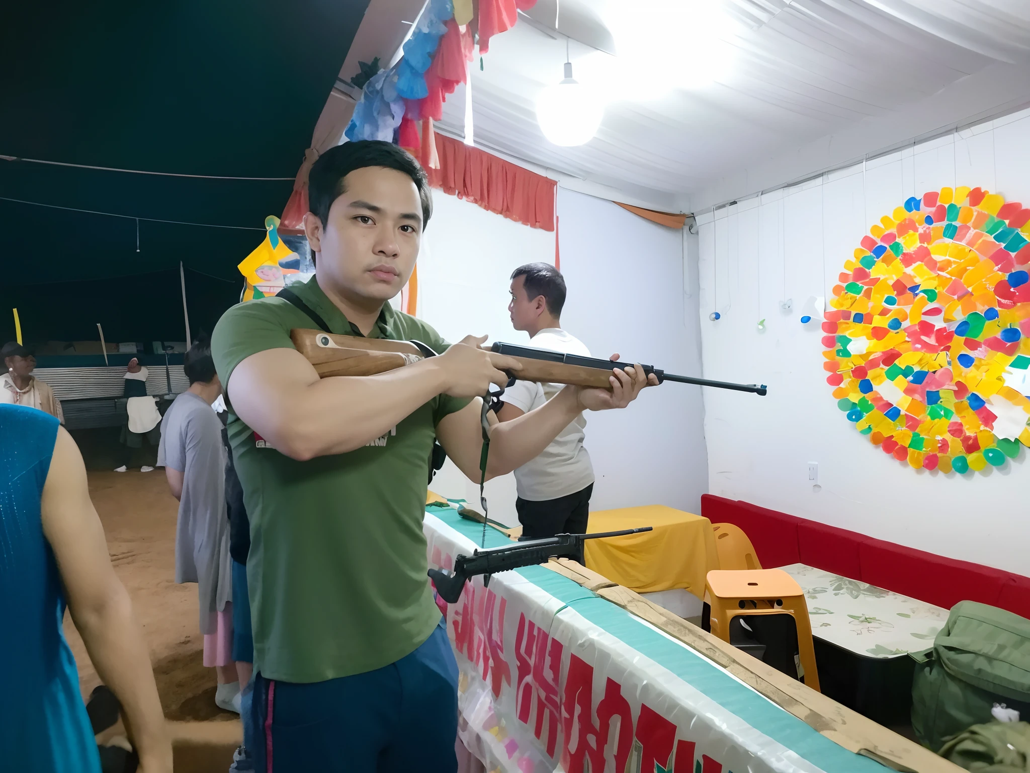 there is a man holding a rifle in a room with people, with rifle, in foreground boy with shotgun, holding rifle, shot on nikon z9, with rifle in hands, shooting pose, showpiece, with pistol, shooting a gun, man is carrying a rifle, holding a rifle, face shot, handling riffle on chest, shot in canon