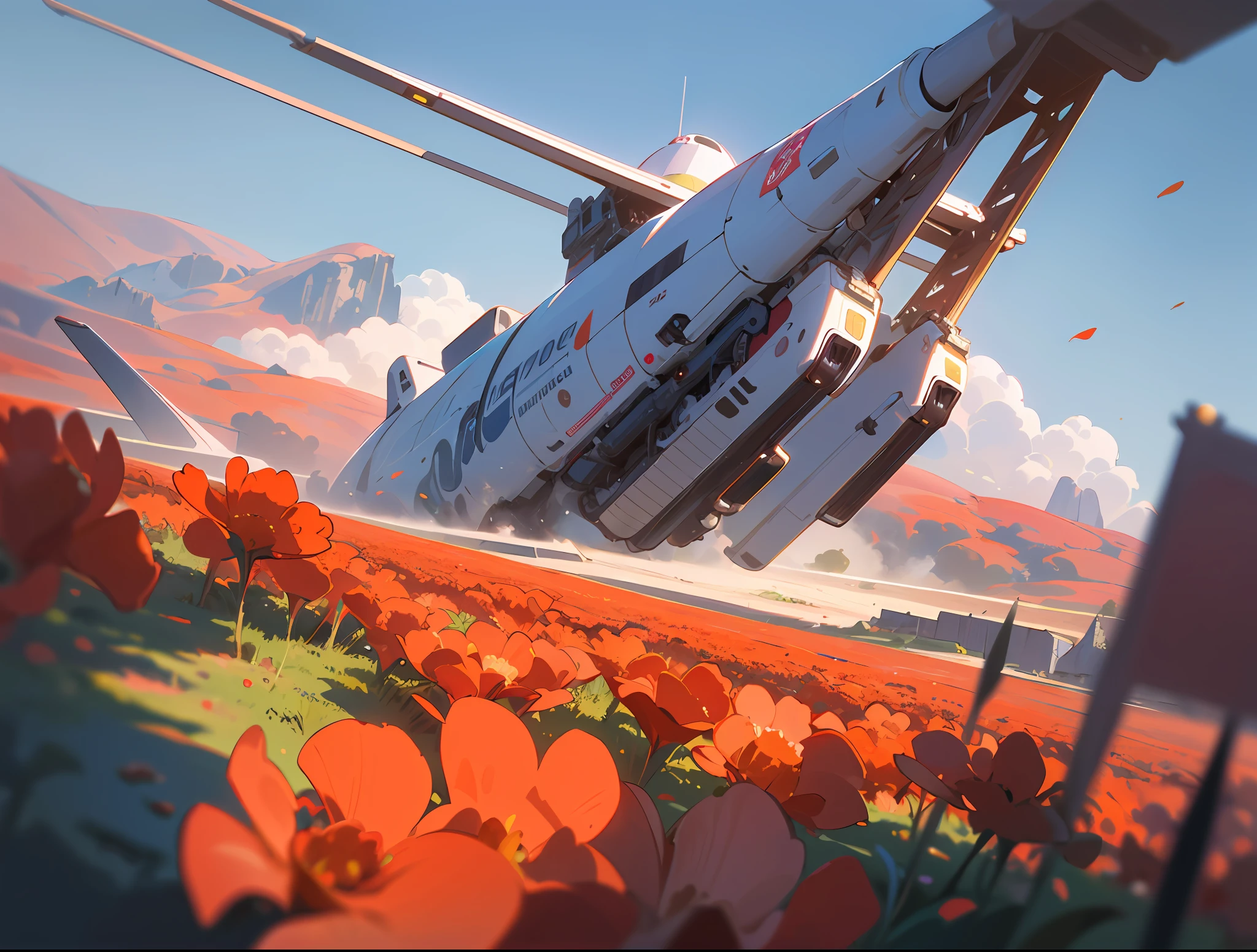 8k, Foto RAW, melhor qualidade, Matte Painting masterpiece based on Albert Withlock of an astronaut flying with his jet pack over a field of red flowers in ultra high resolution, ultra-detalhado, illustration, Close-up, Astonauta, sunny day and blue sky with white clouds in 3D, futuro, imaginando, ao ar livre, somente plano de fundo, Pintura realista fosca, Add a futuristic city designed based on matte painting artist syd mead to the landscape background with space car movements People walk towards the field of red flowers and talk watching the astronaut's flight over the hill of red flowers