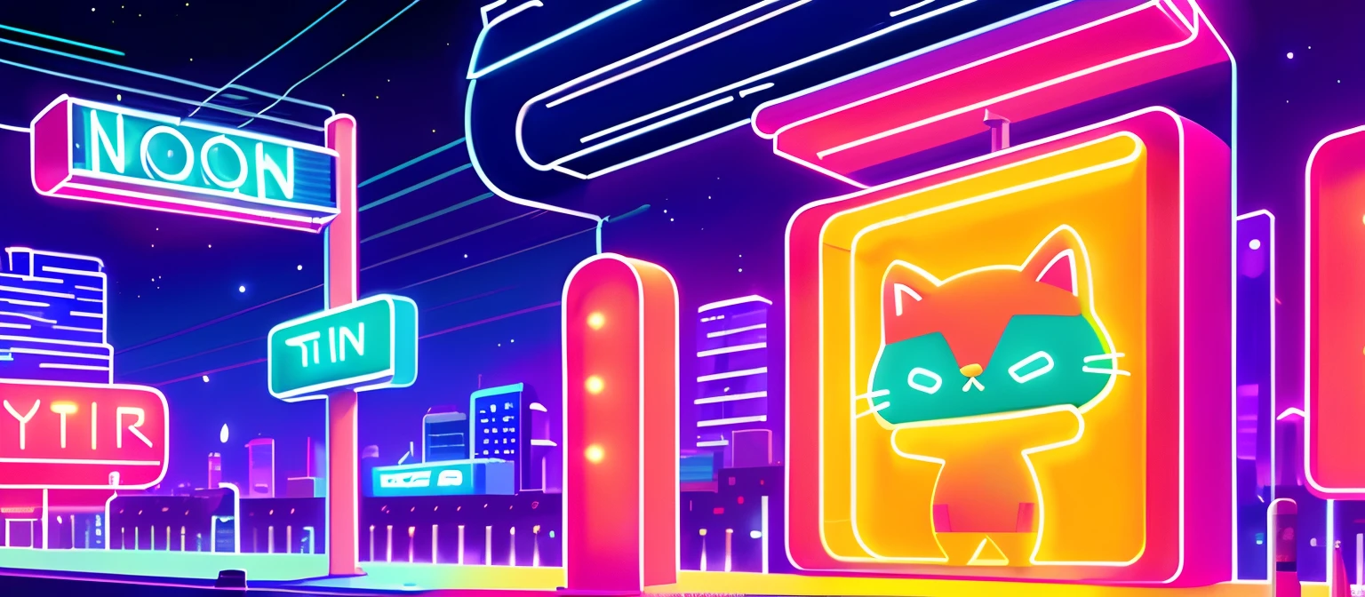 a cute cat standing in front of a neon illuminated wall of text, (city), zoom out, concept art, by Emiliano Ponzi, by Chris Ware, science fiction, ((8k, high resolution, ultra detailed, masterpiece)), ((sharp lines)), neon frame