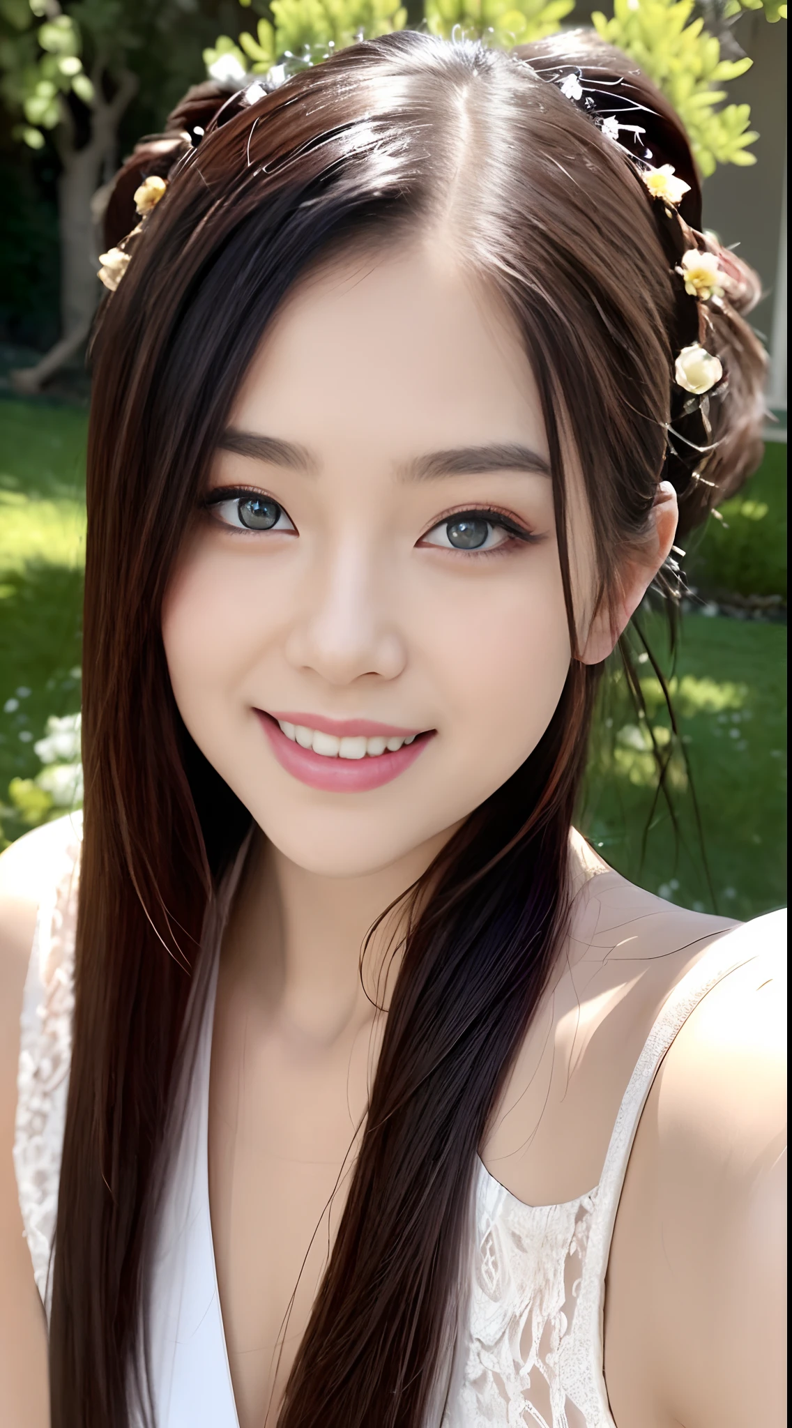 A beautiful 23 year old girl，With a double ponytail，F cup breasts，Sex outfits，Authentic full-body photos，beautiful pupil，Bright eyes，二重まぶた，tall nose bridge，Sweet smile，Delicate fair skin，photo-realistic，exquisite and complete facial features，Detailed depiction of the face，Delicate hair，Sexy temperament，Fill your face light，Golden ratio figure，Anterior convex and posterior，Delicate and perfect body art，Garden background，closeup of face，8k 壁纸，Ultra-fine face，A detailed description of the facial features， nail art，Lip biting makeup， Sweet smiling， Exquisite and perfect facial features，short  skirt，hair adornments， 超高分辨率，50 million pixel quality，