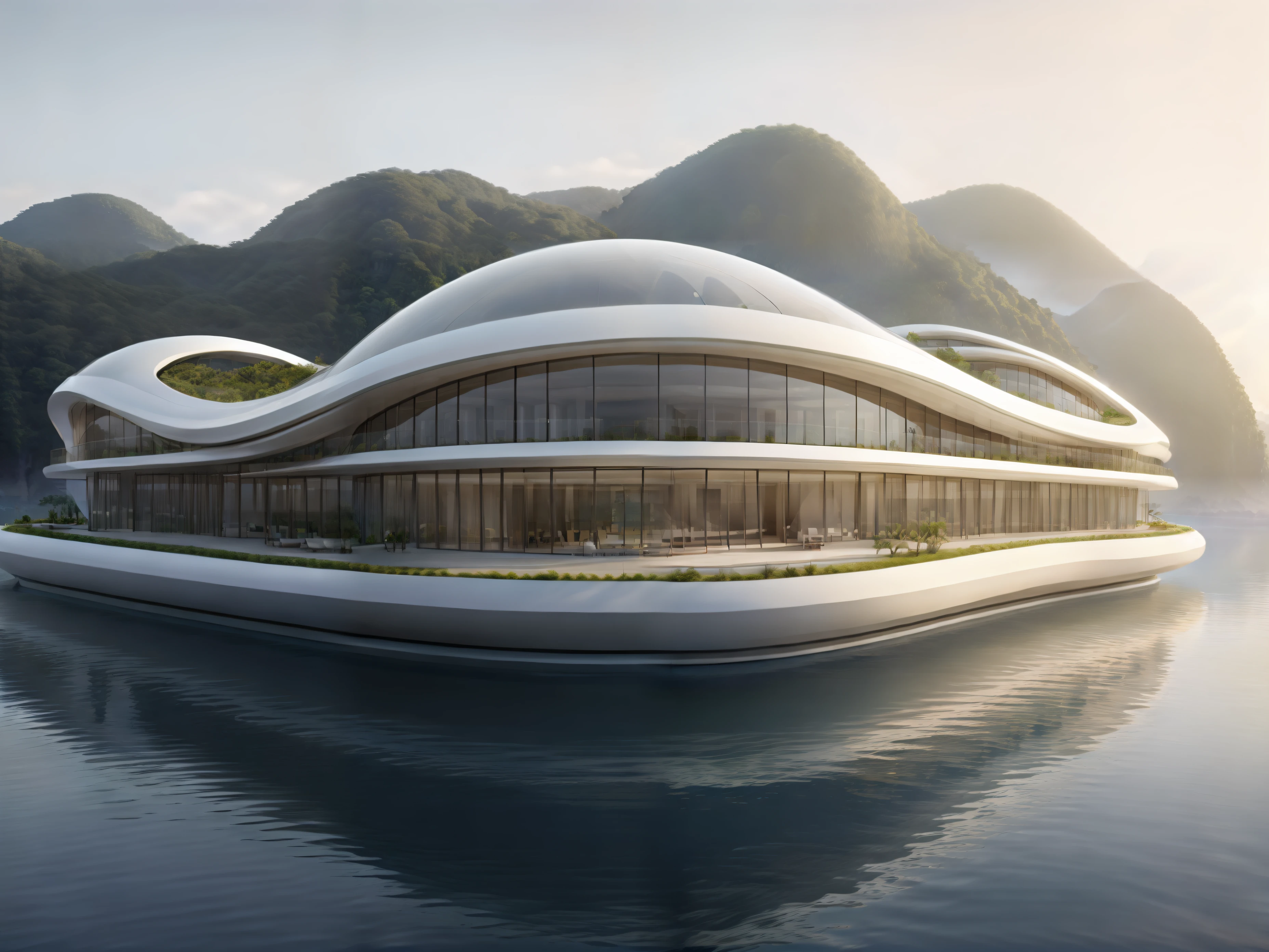 , masterpiece, (photorealistic:1.2), best quality, ultra high res,exterior,Floatinghouse, zaha hadid, daylight,render Vray,