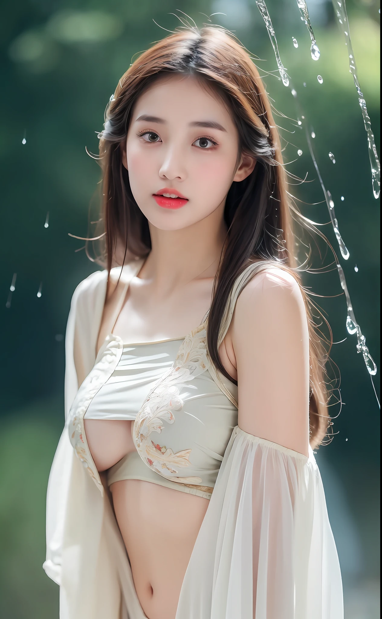 ((Best Quality, 8k, Masterpiece: 1.3)), Focus: 1.2, Perfect Body Beauty: 1.4, Buttocks: 1.2, ((Layered Haircut)), (Wet Clothes: 1.1), (Rain, Street:1.3), (Breasts: 1.2), (Hanfu: 1.2), Bare Shoulders, Bare Legs, Highly Detailed Face and Skin Texture, Fine Eyes, Double Eyelids, Whitened Skin, Long Hair, (Shut Up: 1.5), (Bokeh Background: 1.5), Big Breasts