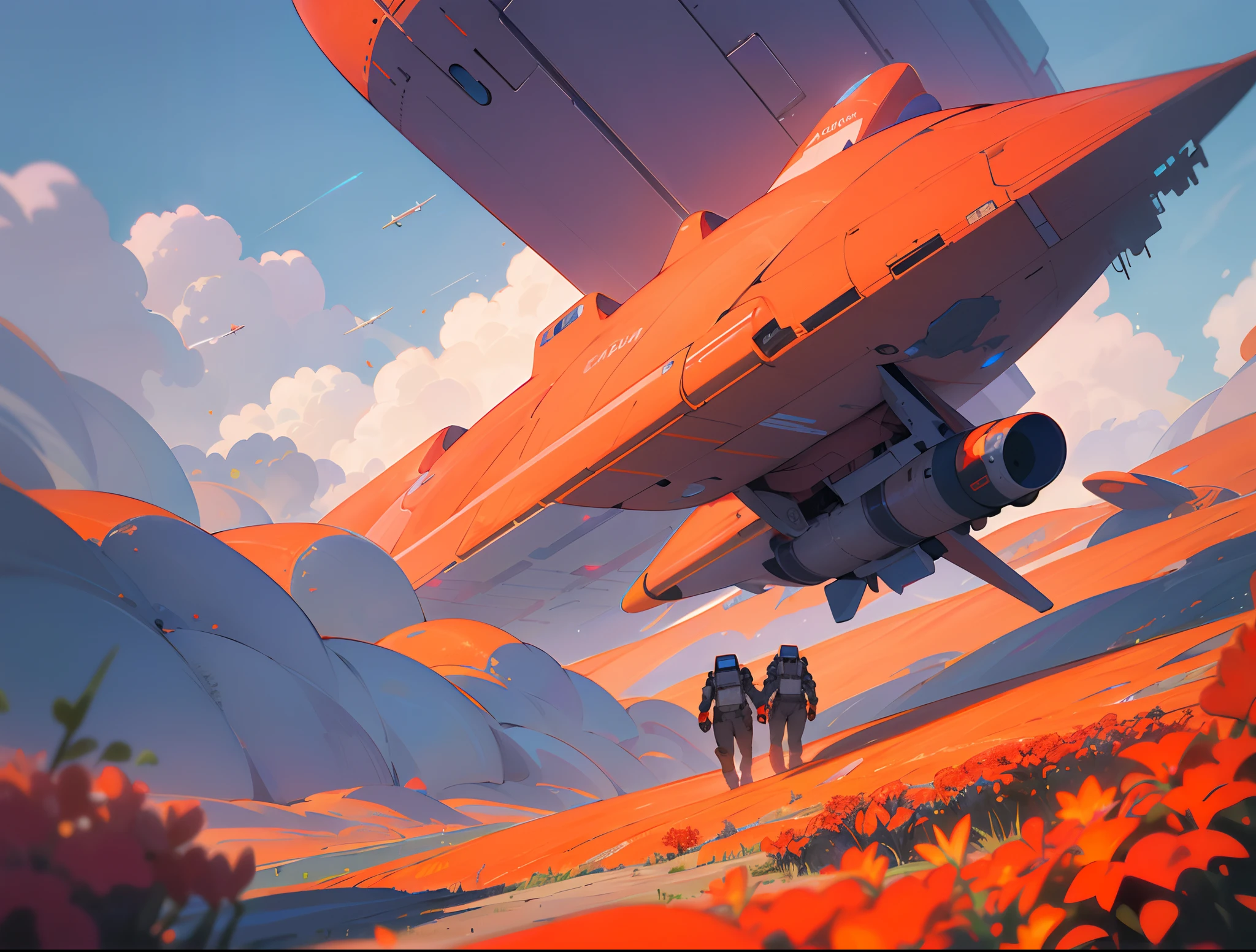 8k, Foto RAW, melhor qualidade, Matte Painting masterpiece based on Albert Withlock of an astronaut flying with his jet pack over a field of red flowers in ultra high resolution, ultra-detalhado, illustration, Close-up, Astonauta, sunny day and blue sky with white clouds in 3D, futuro, imaginando, ao ar livre, somente plano de fundo, Pintura realista fosca, Add a futuristic city designed based on matte painting artist syd mead to the landscape background with space car movements People walk towards the field of red flowers and talk watching the astronaut's flight over the hill of red flowers