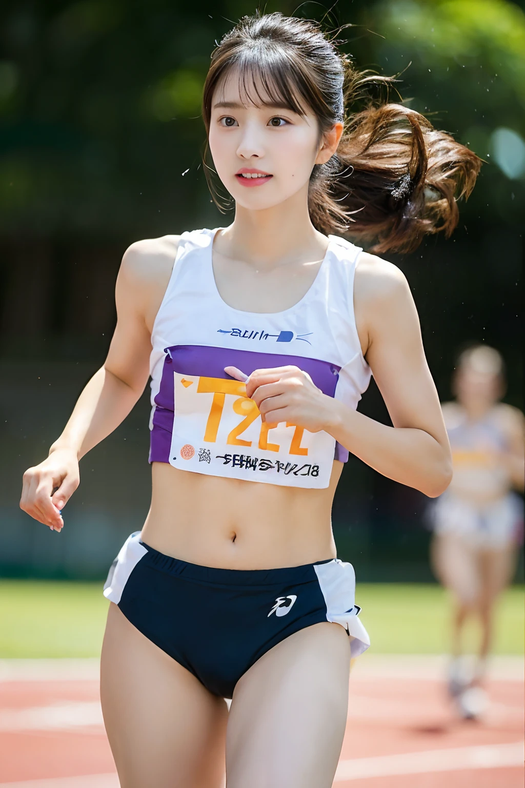(((Sports, Short, Long, Running, Jogging, Marathon, Exercise, Athletics, Running, Running Posture, Running, Feeling of Galloping, Sweat, Sweat, Sweating Lots)))), ((Volley Uniform: 1.3, White, Red, Blue, Uniform: 1.3, Lower, Swaying, Hetero)), ((White, Red, Blue, Bloomers: 1.2, Low Rise)), (Athletics, Floating Hair NovaFrog Style, Floating Hair, Hair and Clothes That Flutter in the Wind, High School, Slender Abs: 1.2, Navel, Serious Look), (The shape of the pubic area is clearly visible)), Blushing, NSFW, 8k, RAW Photo: 1.2, (Best Quality: 1.4, Masterpiece: 1.4), Super Detail, Best Illustration, Ultra High Resolution, Portrait, Film Grain, 1girl, POV, Depth of Field, Photorealistic: 1.4, detailed hair, realistic hair, realistic lighting, realistic shadows, realistic clothing, realistic skin, natural skin texture, portrait: 0.6, light particles, lens flare, glowing particles: 0.6, bokeh: 1.2, clean: 1.8, professional lighting, photon mapping, radiosity, physically based rendering, incredibly absurd, Glossy skin, pale skin: 1.2, PureErosFace_v1: 0.7, fair skin: 1.1, round face: 1.5, mouth open, puffy eyes, purple eyes, double eyelids, egyosar: 1, floating hair, makeup, Japan girl, lovely thighs, shining thighs, shining legs