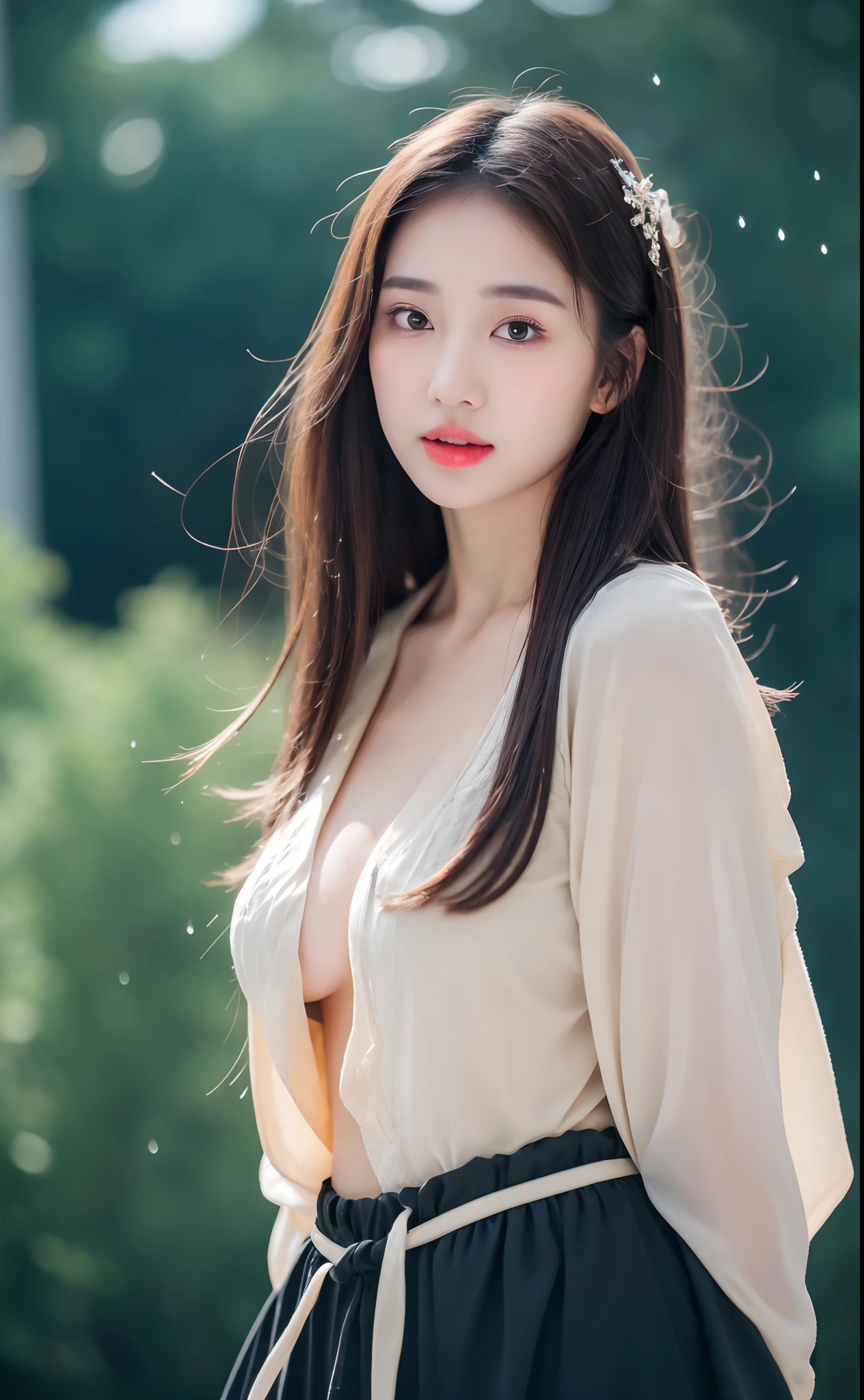 ((Best Quality, 8k, Masterpiece: 1.3)), Focus: 1.2, Perfect Body Beauty: 1.4, Buttocks: 1.2, ((Layered Haircut)), (Wet Clothes: 1.1), (Rain, Street:1.3), (Breasts: 1.2), (Hanfu: 1.2), Bare Shoulders, Bare Legs, Highly Detailed Face and Skin Texture, Fine Eyes, Double Eyelids, Whitened Skin, Long Hair, (Shut Up: 1.5), (Bokeh Background: 1.5), Big Breasts