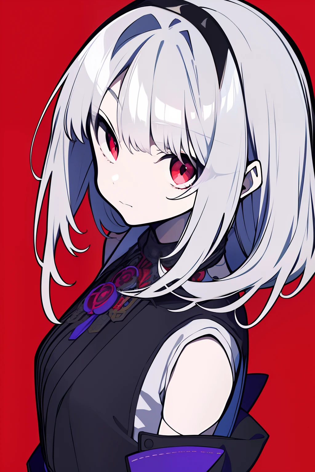 tmasterpiece，Best quality at best，1girl，独奏，lookingat_at_viewer，By bangs，Mono Color，The upper part of the body，Closed_Mouth，purple_Background，White_Hair，red eyes