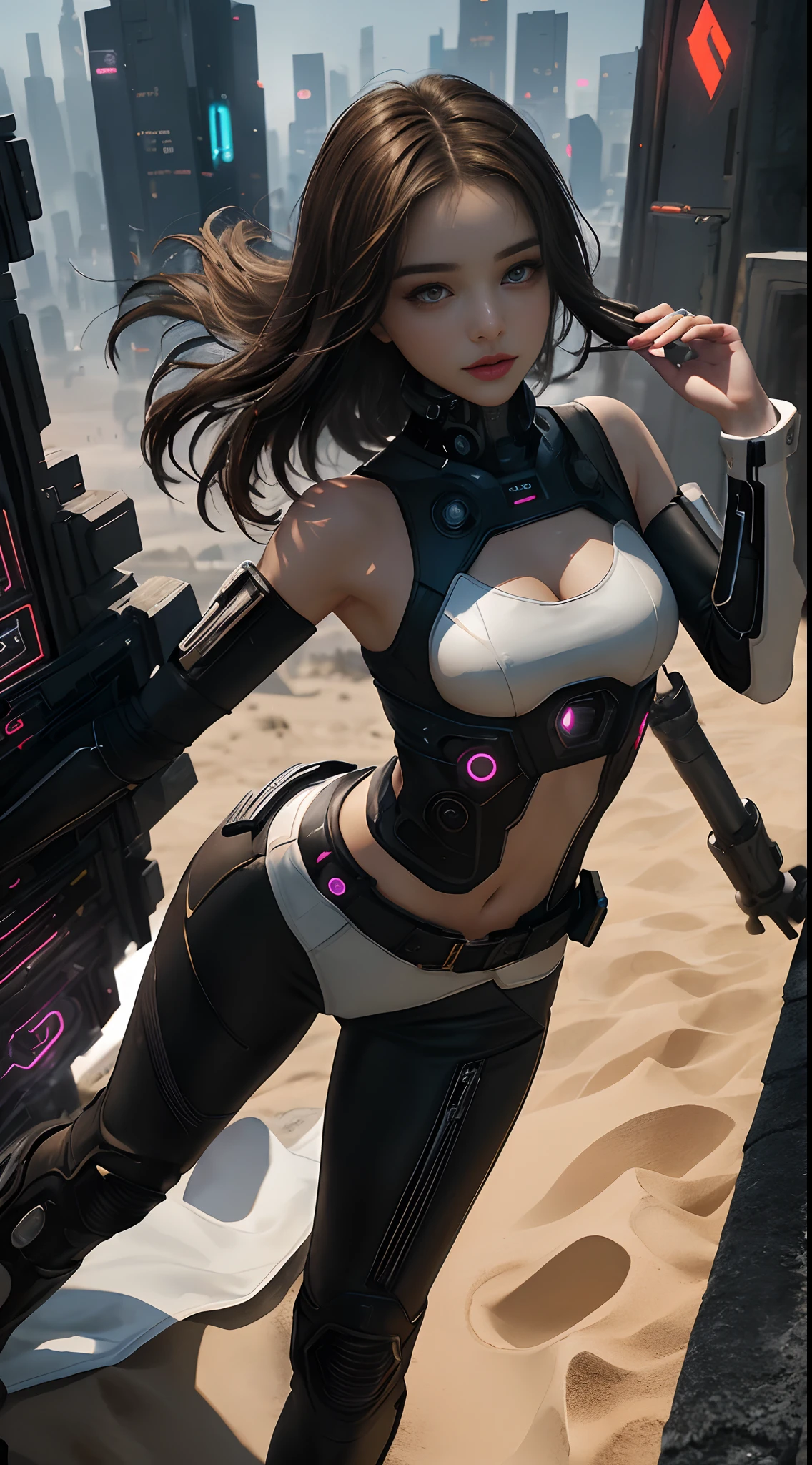 (Cate: female cyberpunk, 26 YO, Similar to Miranda Kerr & A perfect face & White cyberpunk dress & Full armor with pants & Ultra detailed hazel eyes & Tall & Slender & Pale skin & Dark brown hair cascading down to your shoulders & Small bust & Clock figure of sand, perfect hand)),| She Is Running On The Rooftops, Dynamic Poses, Background Futuristic Night City,|