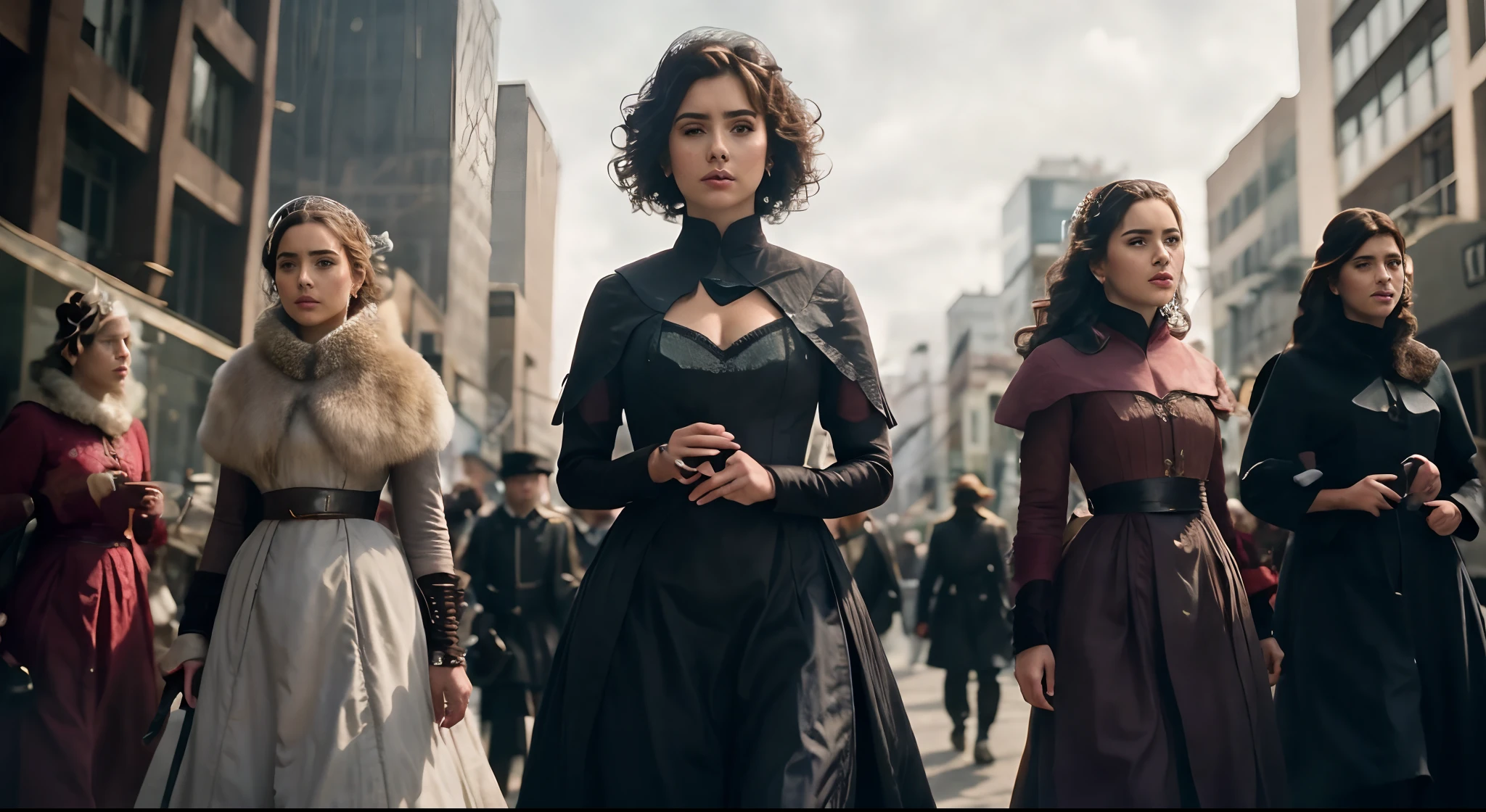 Araffe women in period dresses walking down a city street, ainda de um filme live action, cena do filme live action, Do arcano da Netflix, Ana de Armas como Joana D'Arc, ainda do filme, imagem promocional do filme, Olivia Culpo como Milady de Winter, ainda de um filme de fantasia, captura de tela de um filme