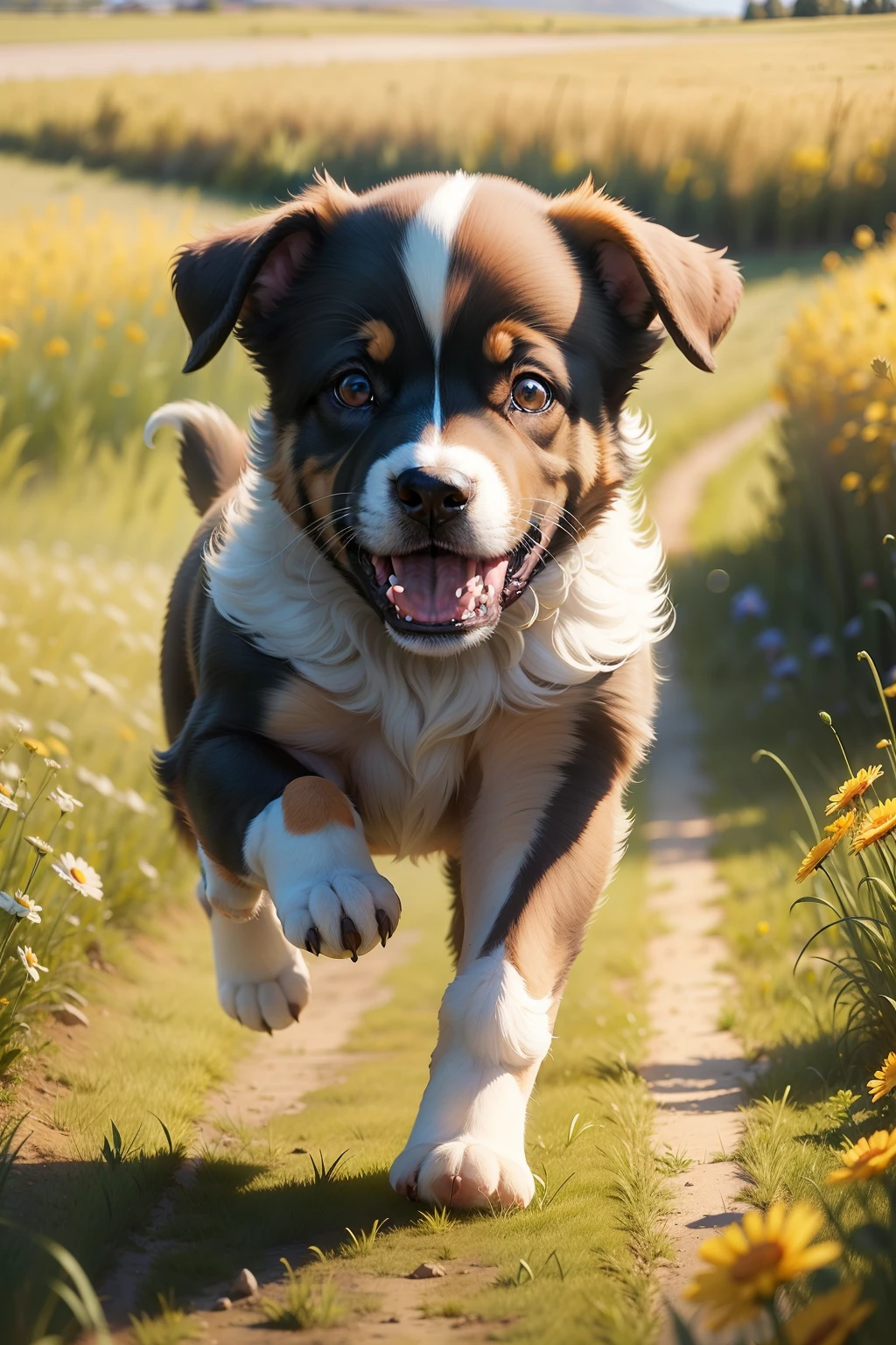 A puppy running in the meadow