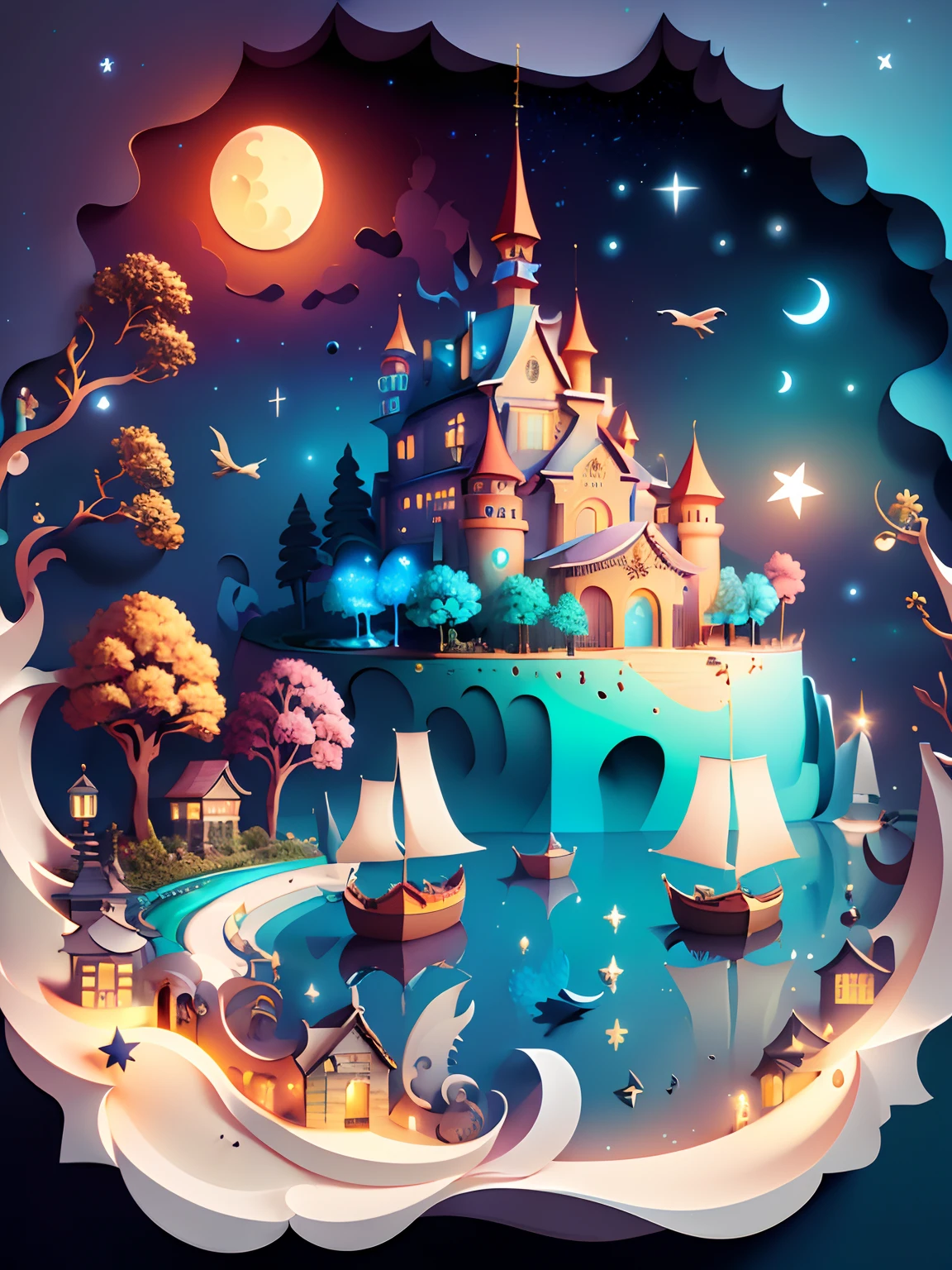 (((masterpiece))),best quality, illustration,  sky, cloud, water, star \(symbol\), tree, no humans, night, bird, moon, building, star \(sky\), night sky, scenery, starry sky, watercraft, castle, ship, waves, tower, boat. vibrant color scheme, Soft light,(warm color:1.2),Water color painting, light background, best quality exquisite details,3d rendering,Octane render, pastel, paper_cut