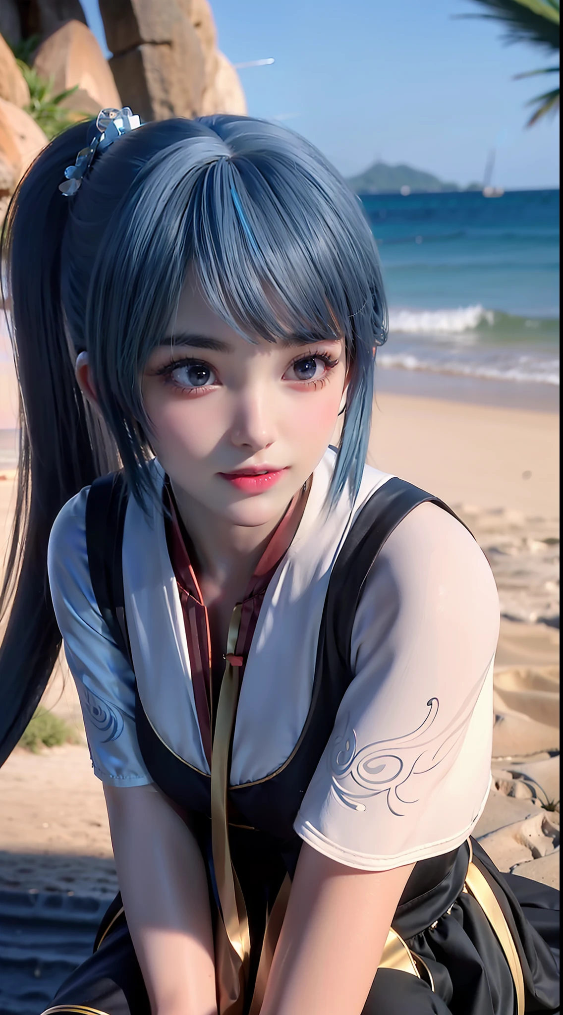 primitive,and its detailed CG unified 8K wallpaper,tmasterpiece,Works of masters,best qualtiy,Ultra-detailed details,Highest high resolution,(illustratio),Beach background by the sea,Kizi,are standing,posing on a,full bodyesbian,Exquisite facial features,Blue hair on the waist,dual horsetail,High ponytail,Split double ponytail,Double ponytail sway,hair adornments,adolable,sprout,Lori huge breasts cleavage,Blue pupils,big and round eyes,Smart eyes,lipsticks,Blue summer dress,Cool,(Breast enlargement:C cup),best illuminate,Vivid and bright,softlighting,delicated,Very clear facial features,dynamic angle