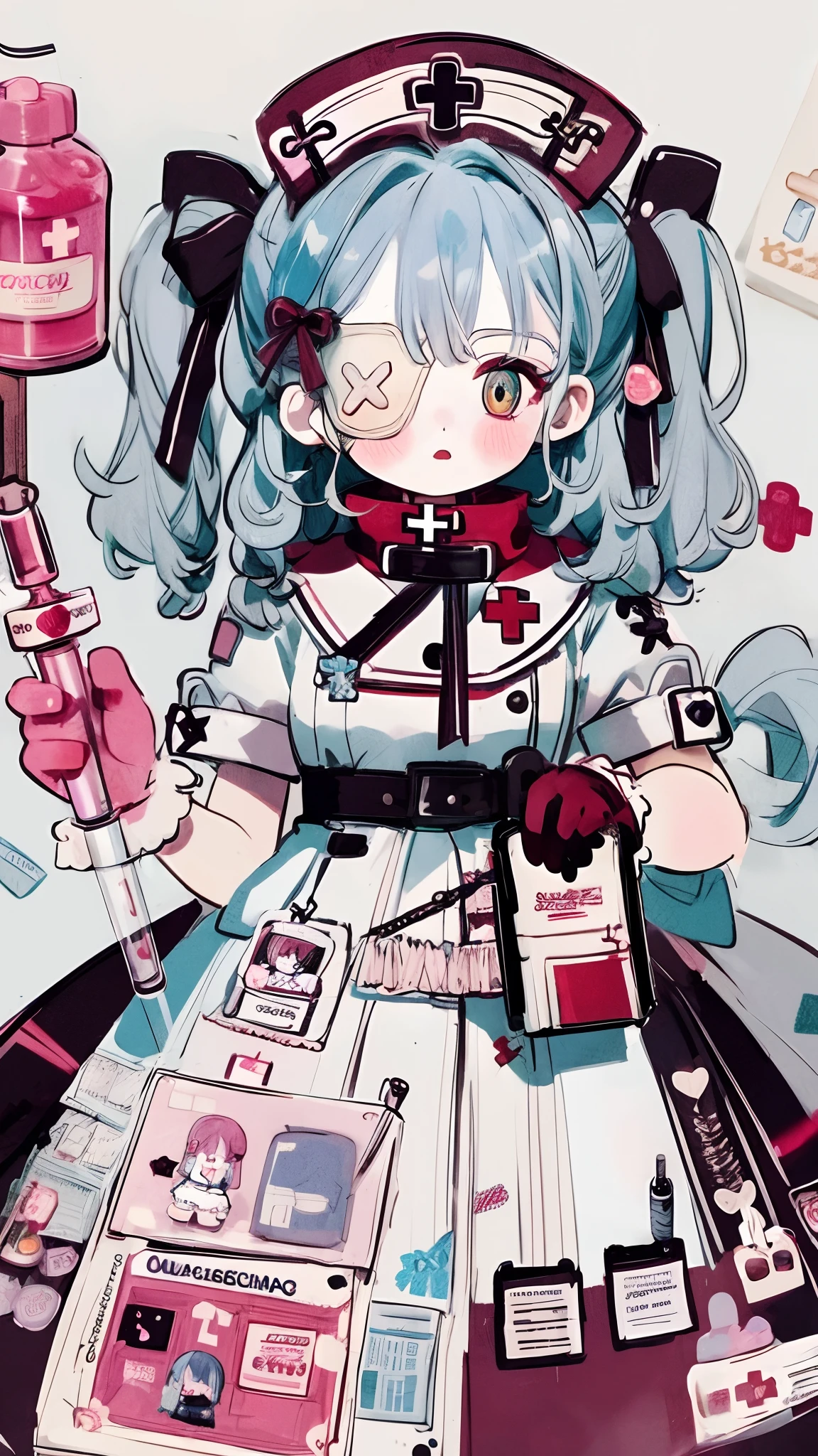 Character design,clothing design,ta prostitute,Gorgeous dress,mitts,curlies,very intricate,Exquisite,shift dresses,Bow knot,frilld,ribbon,bandagens,Nurse style,Huge syringe,pill,Red Cross,Y2K,E-girls,Unilateral eye patch,Love decoration,subculture,Sick,bloods