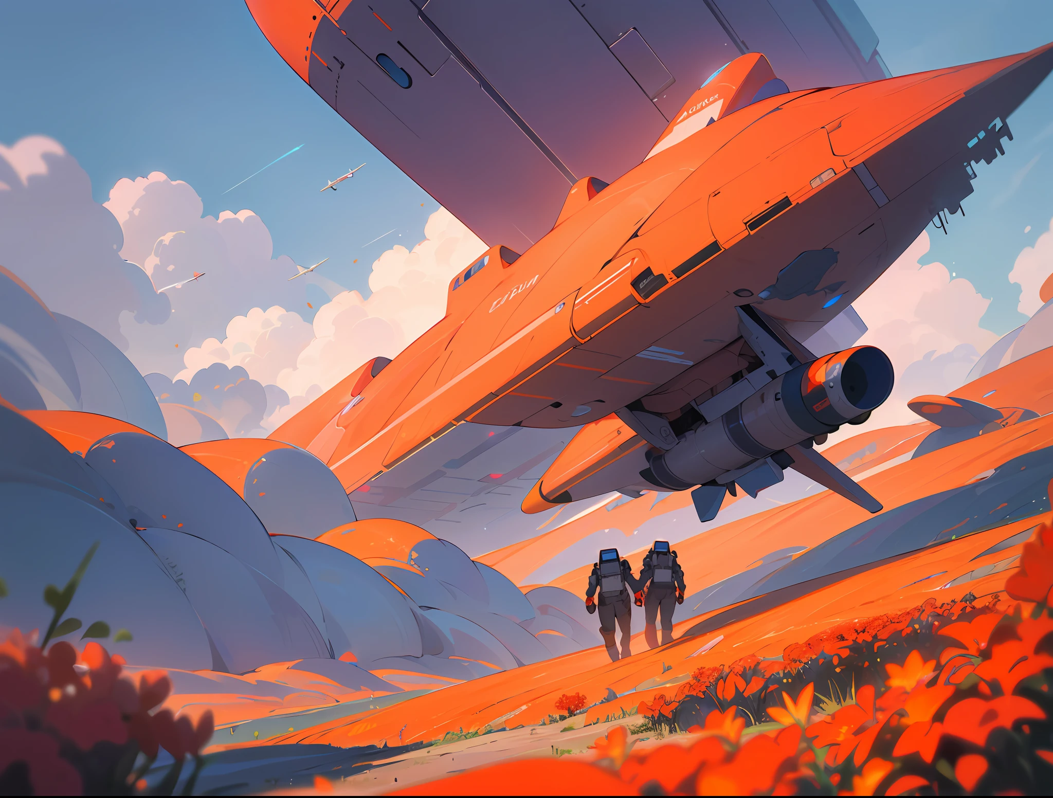 8k, Foto RAW, melhor qualidade, Matte Painting masterpiece based on Albert Withlock of an astronaut flying with his jet pack over a field of red flowers in ultra high resolution, ultra-detalhado, illustration, Close-up, Astonauta, sunny day and blue sky with white clouds in 3D, futuro, imaginando, ao ar livre, somente plano de fundo, Pintura realista fosca, Add a futuristic city designed based on matte painting artist syd mead to the landscape background with space car movements People walk towards the field of red flowers and talk watching the astronaut's flight over the hill of red flowers