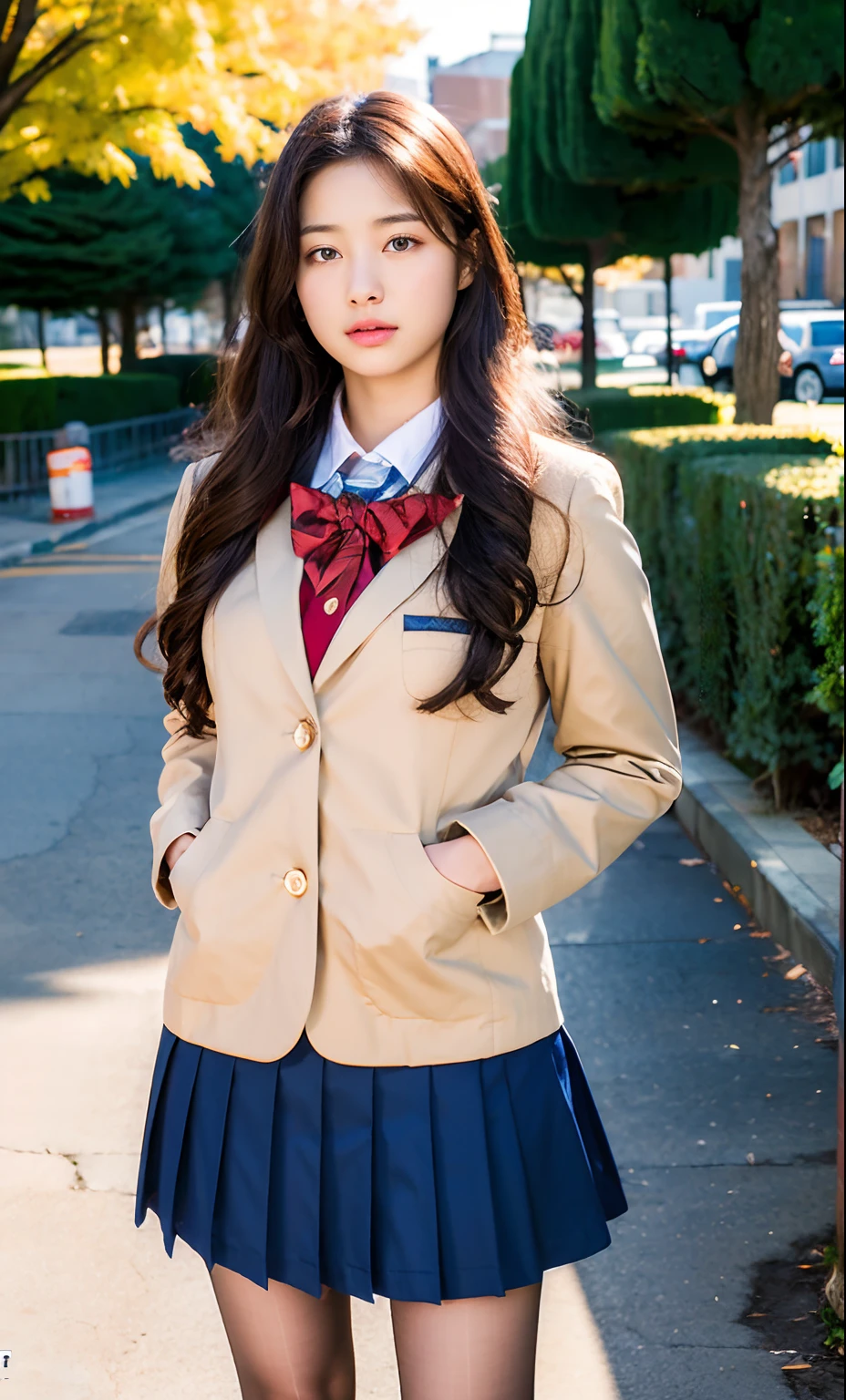 ulzzang-6500-v1.1, (raw photo:1.2), (photorealistic:1.4), beautiful detailed girl, very detailed eyes and face, beautiful detailed eyes, ridiculous, incredibly ridiculous, huge file size, super detailed, high resolution, very detailed, best quality, masterpiece, kemomimi, ((Japanese girls' high school uniform)), illustration, very detailed, CG, unified, 8k wallpaper, amazing, Fine details, masterpiece, best quality, very detailed CG uniform 8k wallpaper, face light, movie lighting, 1girl, 16 years old, ((dynamic pose))), (camel toe), (half), (black stockings)), campus, street, city