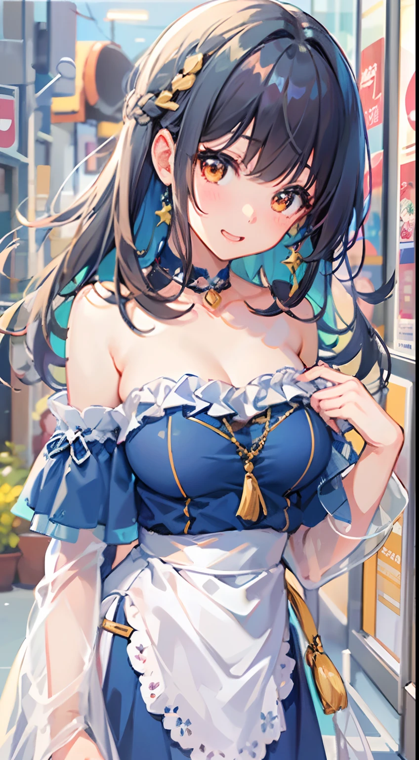 ((Best Quality)), (Ultra-detailed), ((Extremely detailed)), (Beautiful), ((Kawaii Girl)),(Bangs parted in the middle),High Gradient Bob、navy hair、,Orange Eyes,Normal breasts、Off shoulder dress、sandal、Full body standing,one woman,At resort、Anime