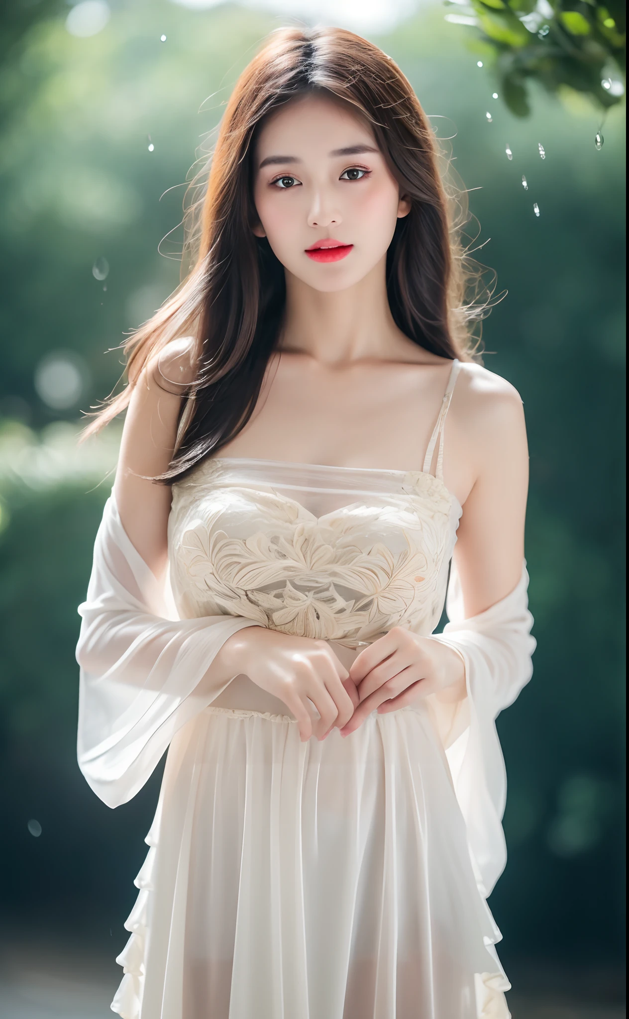 ((Best Quality, 8k, Masterpiece: 1.3)), Focus: 1.2, Perfect Body Beauty: 1.4, Buttocks: 1.2, ((Layered Haircut)), (Wet Clothes: 1.1), (Rain, Street:1.3), (Breasts: 1.2), (Hanfu: 1.2), Bare Shoulders, Bare Legs, Highly Detailed Face and Skin Texture, Fine Eyes, Double Eyelids, Whitened Skin, Long Hair, (Shut Up: 1.5), (Bokeh Background: 1.5), Big Breasts