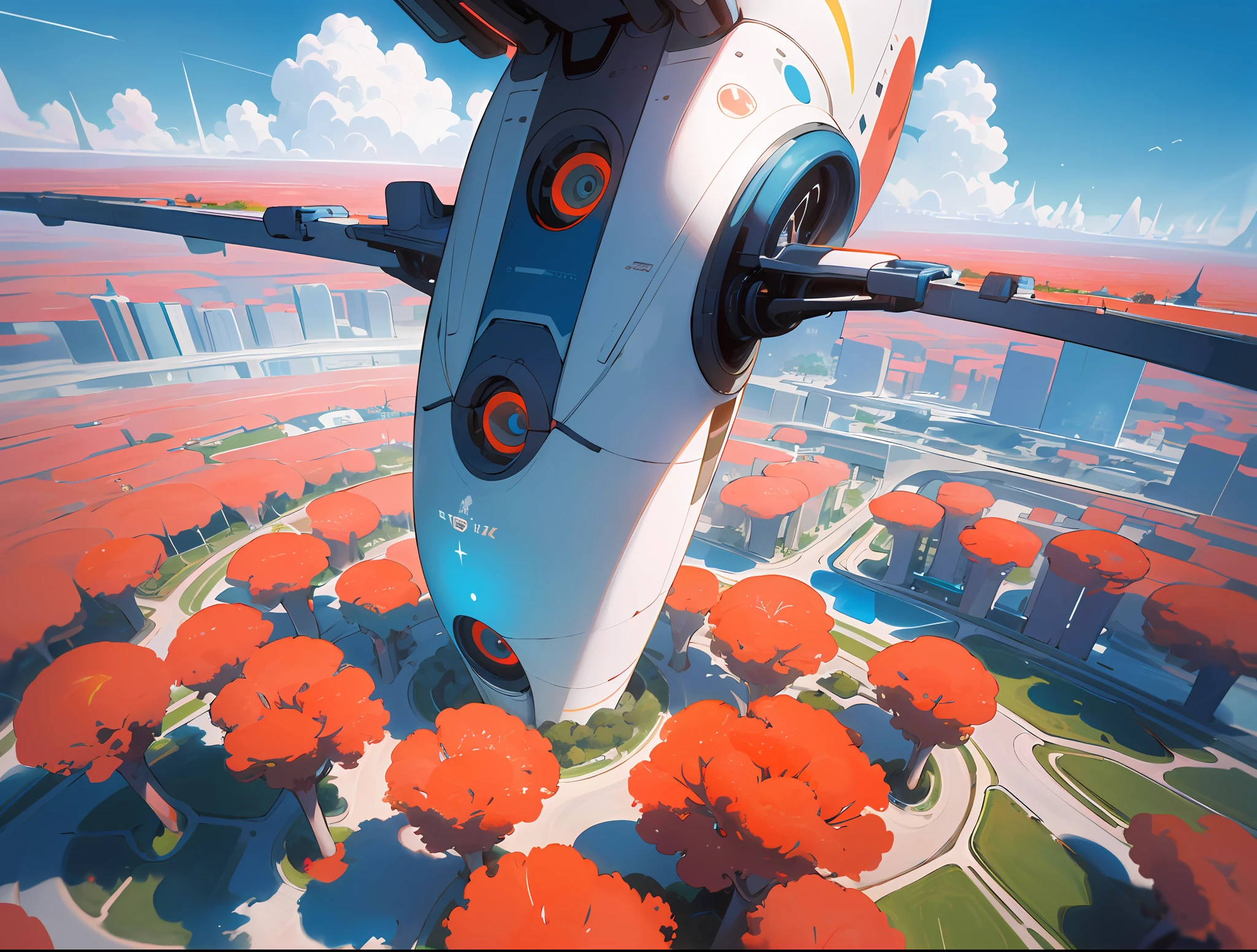 8k, Foto RAW, melhor qualidade, Matte Painting masterpiece based on Albert Withlock of an astronaut walking in the foreground seen from above the image in ultra high resolution, ultra-detalhado, illustration, Close-up no reflexo do visor do capacete do astronauta, Astonauta, walks on a busy street in a futuristic and ultra-realistic city and with hanging gardens on a sunny day and blue sky with white clouds in 3D, futuro, imaginando, metropolis, somente plano de fundo, Pintura realista fosca, Add in the futuristic city designed based on artist Syd Mead's matte paint to the landscape background with space car movements People walk towards the field of red flowers and talk watching the astronaut fly over the hill of red flowers