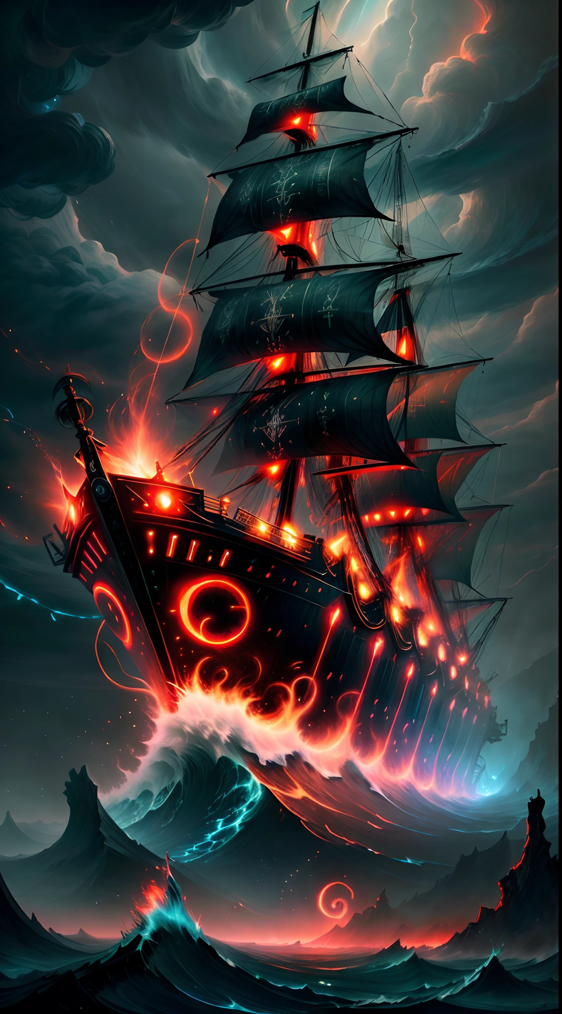 rough sea, ghostship, red flames,tmasterpiece, illustratio, Huggers, concept-art,(There is a starry sky at midnight,Galactic meteors),Volumetriclighting,with dynamism, Detailed cover artwork,fanciful,Magical glowing particles,Amazing wallpapers,Highly detailed digital art in 4K,Detailed painting 4K