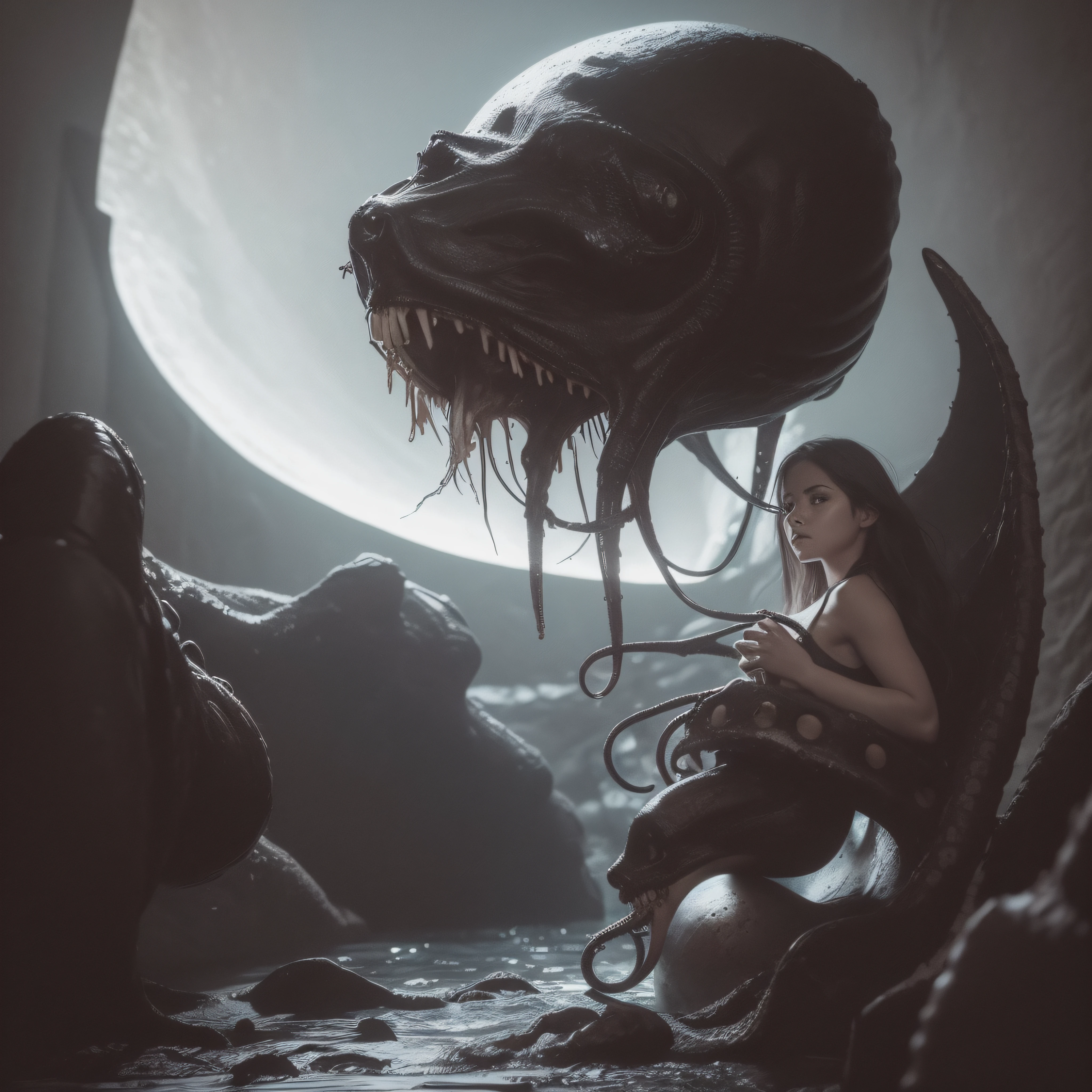 (extremadamente detallado, obra maestra, La mejor calidad), Estilo oscuro, intense illumination, rostro con arrugas, mujer crucificada, tentacle, monstruoso, interior de una piscina de agua verdosa, imagen submarina, alien con Colmillos finos. manchas de tinta. Rococo composition. Luz de caravaggio