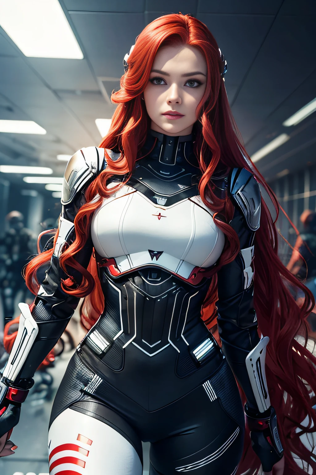 Valkyrie with long red wavy hair,Close-up of face details,Front lens,Portrait photo,White sci-fi tights,cyber punk perssonage,Female facial contours,Gentle face,Serious expressions,sportrait