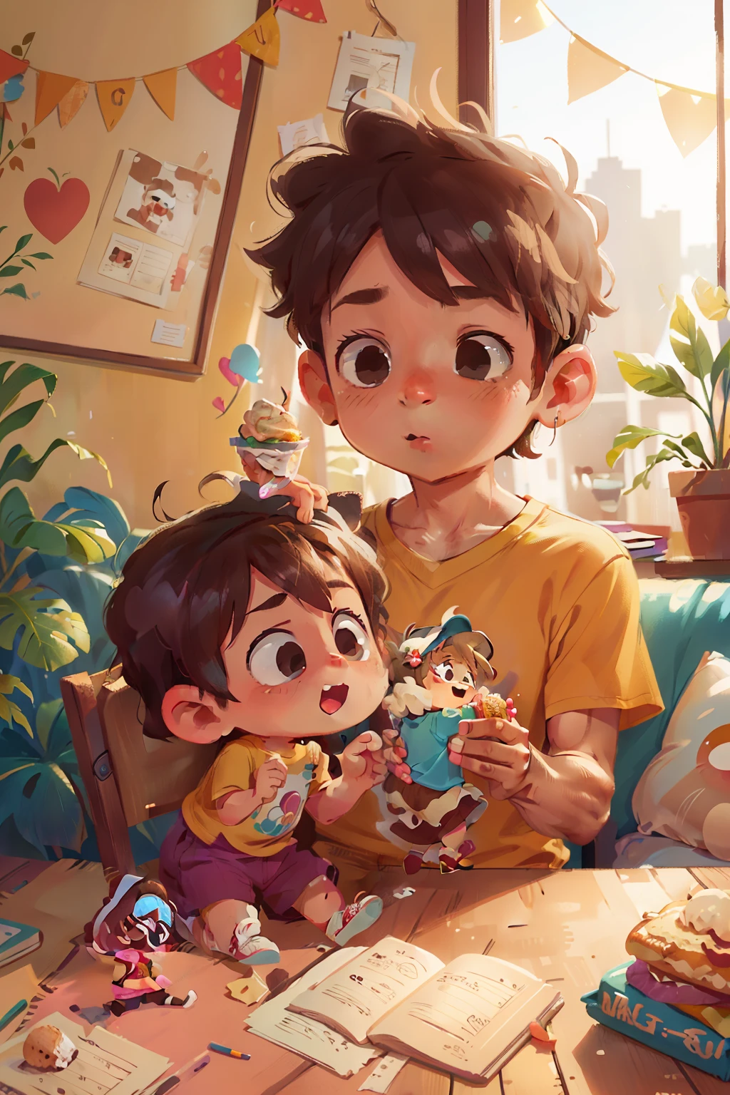 dois personagens: A man and a small child play and eat ice cream together. The child is a 3 year old fair skinned girl, cabelo curto, volumoso e cacheado. O homem alto, magro, pele marrom. feliz, feliz, qualidade perfeita, foco claro (desordem - casa: 0.8), (obra-prima: 1.2) (Realista: 1.2) (Bokeh) (Melhor qualidade) (Pele detalhada: 1.3) (Detalhes intrincados) (8K) (Olhos de detalhe) (foco nítido)
