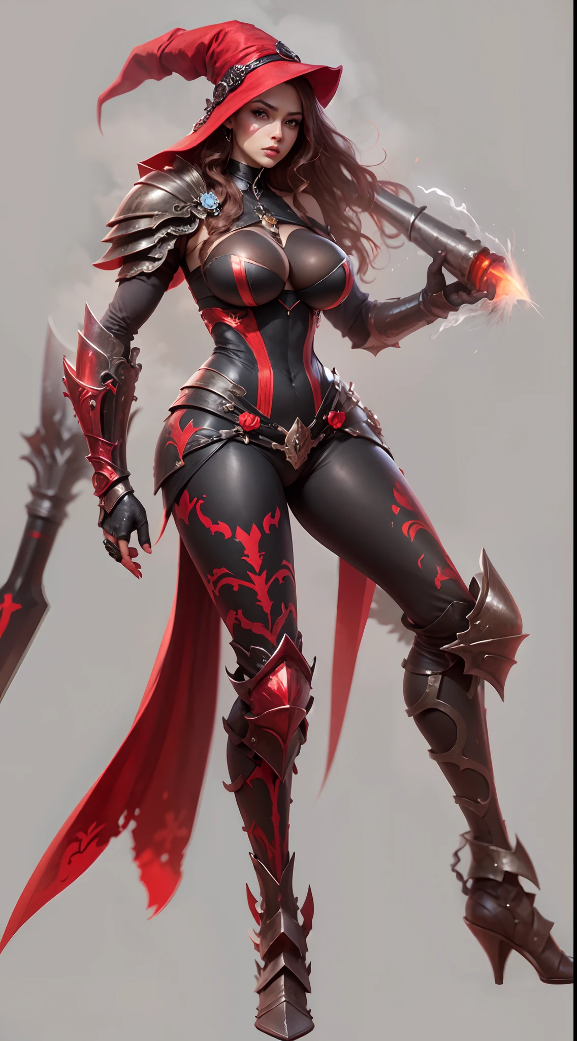 {red} {very long} hairstyle, {{very long}} elf ears, {breast and hips} size} ((big breast, big hips)), glowing {red} eyes, {wearing} {{big}} {wide brim}((witch hat)), {wearing} {painted in red and black} heavy metal armor body suit, cleavage chest armor, {wearing big length} metal armor legs, {add wearing} {red} pelvic curtain, {add wearing} {big} (shoulder armor), highly detailed, masterpiece, excellent art, perfect creation, perfect art, ultra detailed, perfect pose, 8k, hd,