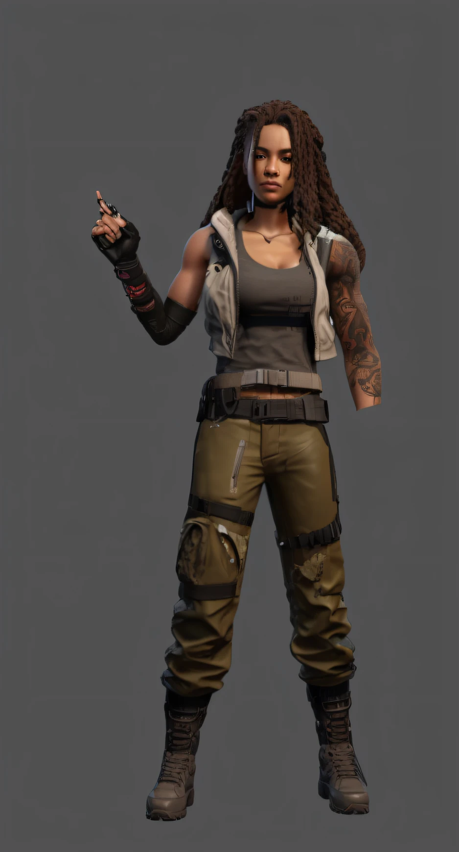 A man with a gun,Close-up of wearing a jacket,cargo pants,Khaki pants, black female,negroid,Tattooed with,Arm tattoos,heroines, Female character, 8k character concept art, 8 k character concept art, loba andrade from apex legends, apex legends character, sci fi female character, realistic character concept, character render, diesel punk female, 3 D rendering character art 8 K, cyberpunk character