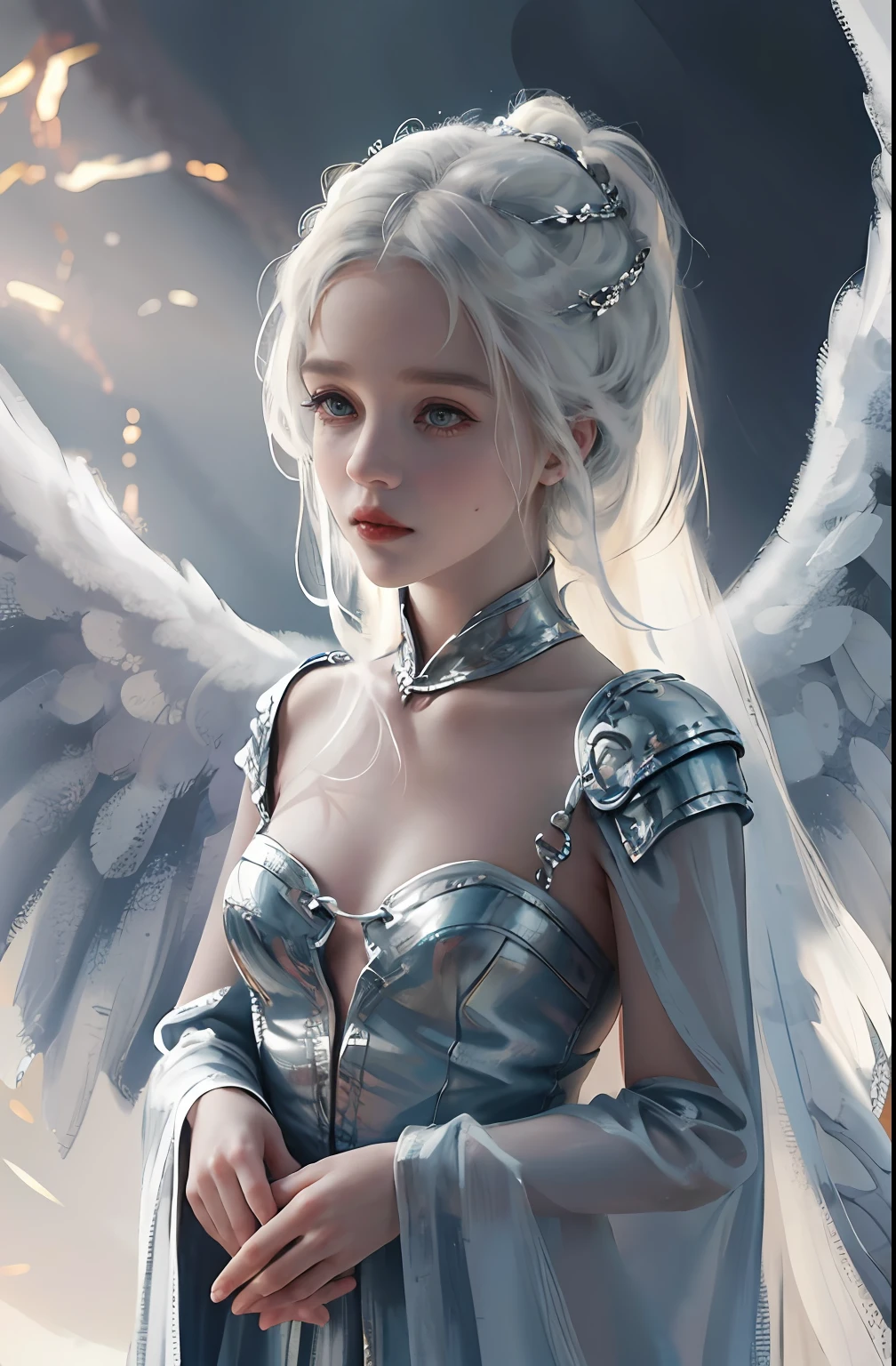 Game of Thrones heroine，Daenerys Targaryen，（tmasterpiece：1.4），（best qualtiy：1.4），（Very cute angel girl，Super detailed face，gem-like eyes，Extra-long white hair，Colorful gradient hair：1.4），（angel ring：1.4）， （angel wing： 1.4）， （full bodyesbian， Perfect 2 arms， Perfect 2 legs： 1.4）， Perfect 4 fingers： 1 thumb， Light light， The sheen， Bokeh， super-fine