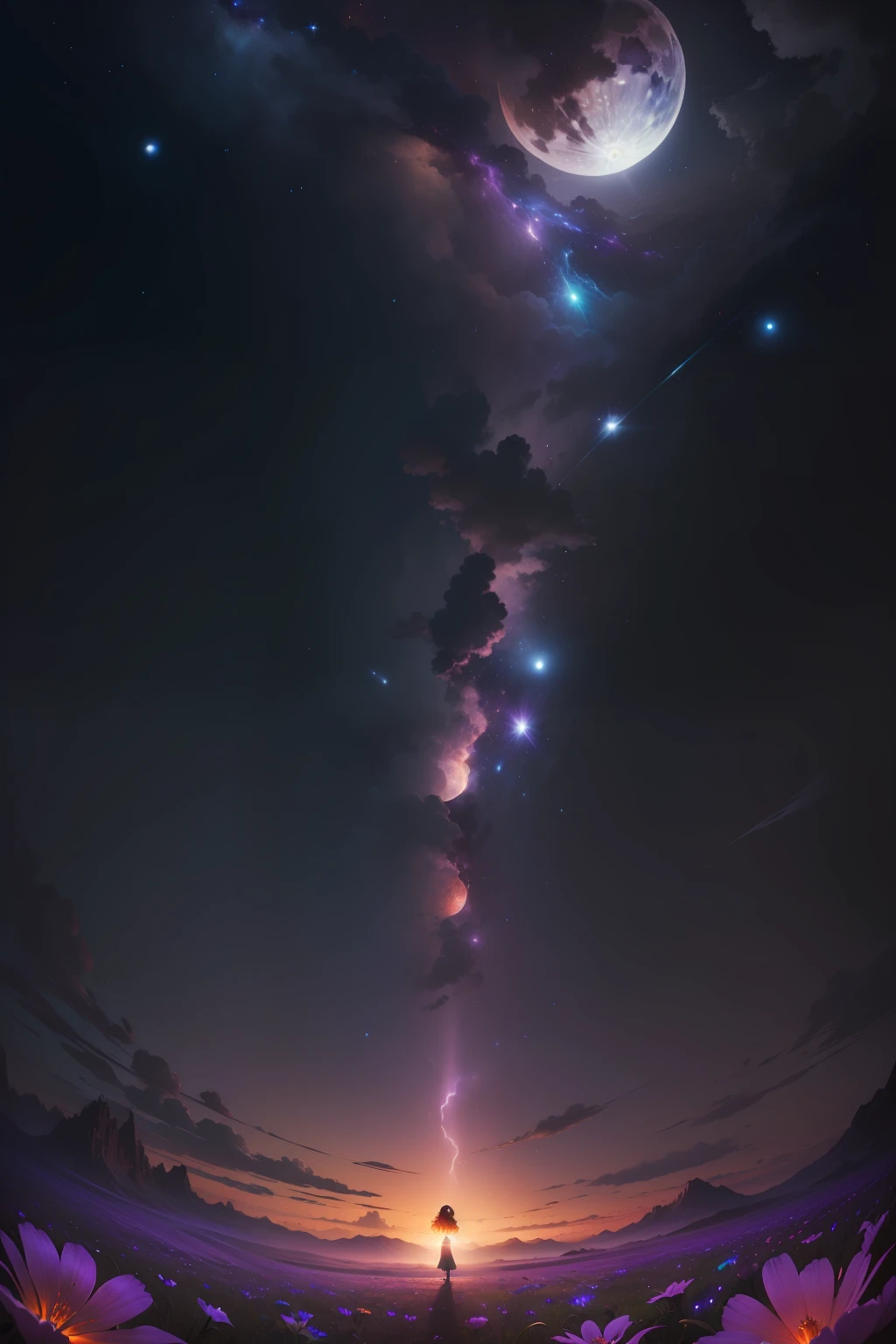 expansive landscape photograph , (a view from below that shows sky above and open field below), a girl standing on flower field looking up, (full moon:1.2), ( shooting stars:0.9), (nebula:1.3), distant mountain, tree BREAK
production art, (warm light source:1.2), (Firefly:1.2), lamp, lot of purple and orange, intricate details, volumetric lighting BREAK
(masterpiece:1.2), (best quality), 4k, ultra-detailed, (dynamic composition:1.4), highly detailed, colorful details,( iridescent colors:1.2), (glowing lighting, atmospheric lighting), dreamy, magical, (solo:1.2)