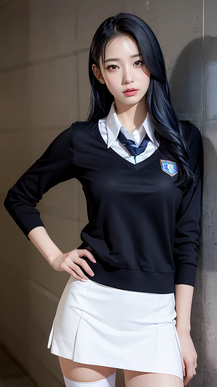 （best qualtiy，4K，tmasterpiece：1.2），Pretty women，1girll，Raised sexy：1.1，dark-blue hair：1.1，Woman in school uniform，Soaked white school uniform，Super detailed face，Detailed lips，A detailed eye，二重まぶた，White miniskirt black stockings，Stand up，full bodyesbian