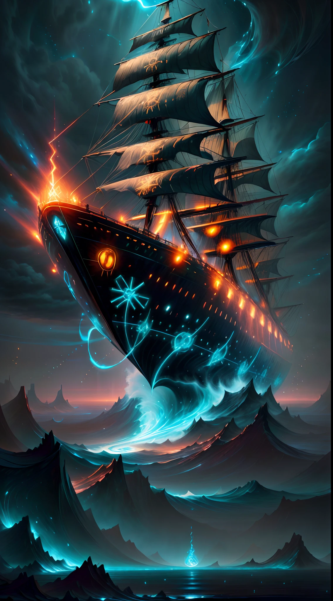 tmasterpiece， illustratio， Huggers， concept-art， Painting of ships in the ocean，the background was the rolling sea，（There is a starry sky at midnight，Galactic meteors），Volumetriclighting，with dynamism，Detailed cover artwork，fanciful，Magical glowing particles，Amazing wallpapers，Highly detailed digital art in 4K，Magic ship， Detailed painting 4K， GlowingRunesAI_Ghost fire，